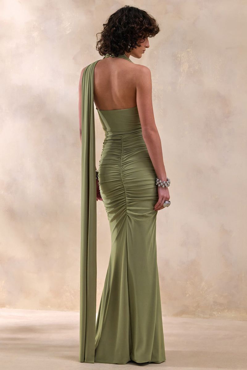 Roselani | Olive Halter-Neck Maxi Dress With Open-Back Roselani | Olive Halter-Neck Maxi Dress With Open-Back