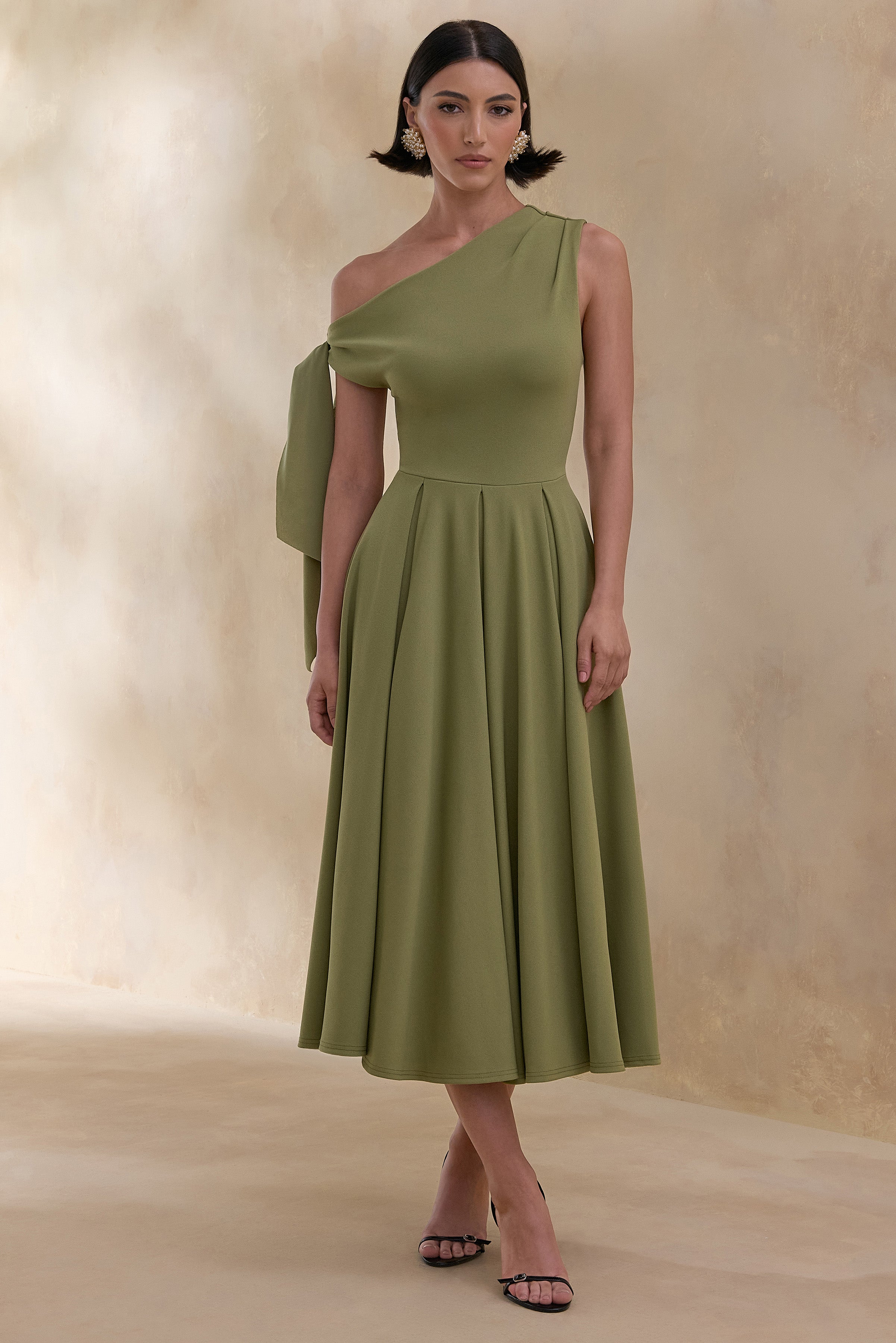olive green midi cocktail dress Sonya Olive Green Midi Cocktail Dress With Butterfly Sleeves by UNDRESS