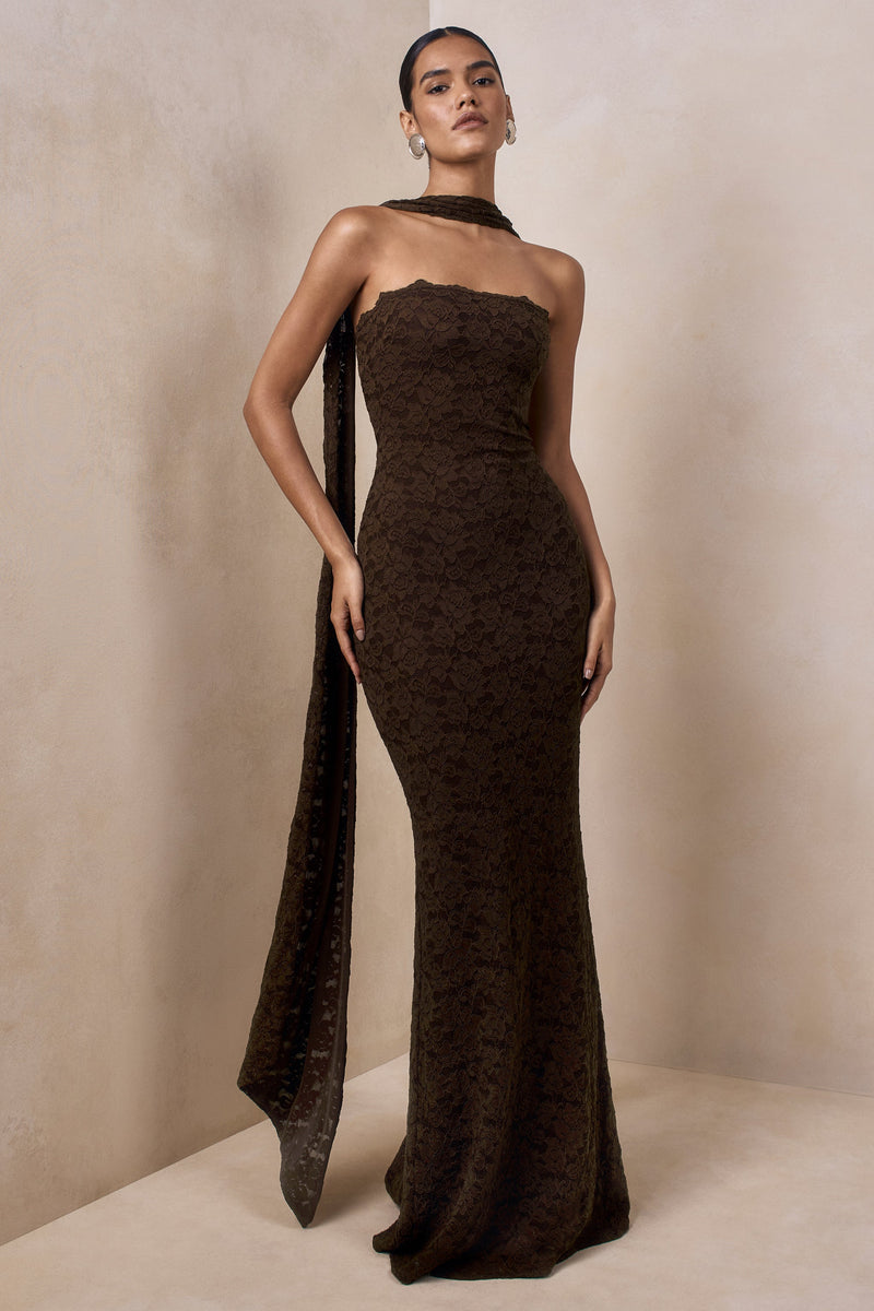 Massima | Brown Lace Bandeau Maxi Dress With Scarf-Detail Massima | Brown Lace Bandeau Maxi Dress With Scarf-Detail