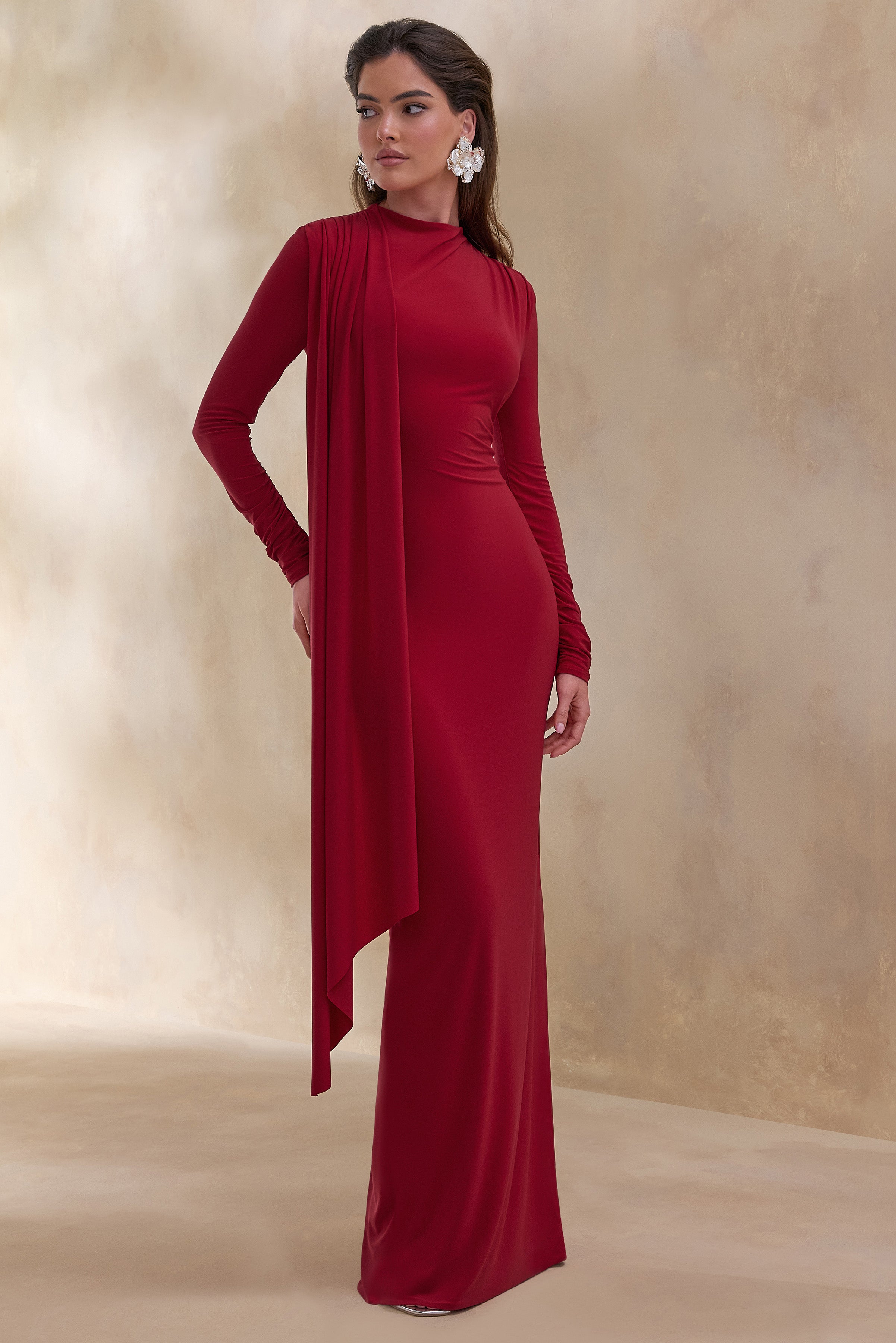 high neck long sleeve red dress Amaria | RED High-Neck Maxi Dress With Sash-Detail
