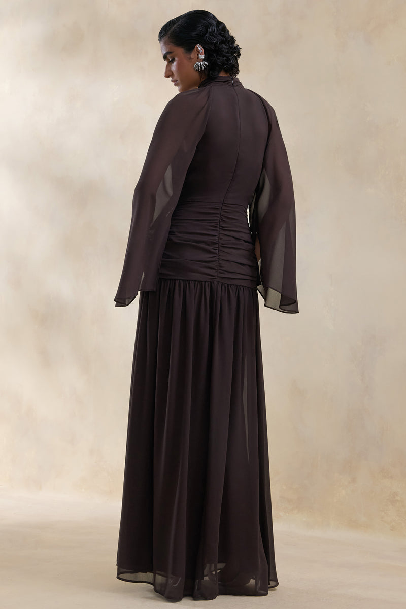 knee length dresses for ladies Brown Chiffon Maxi Dress with Lace Sleeves main image 1