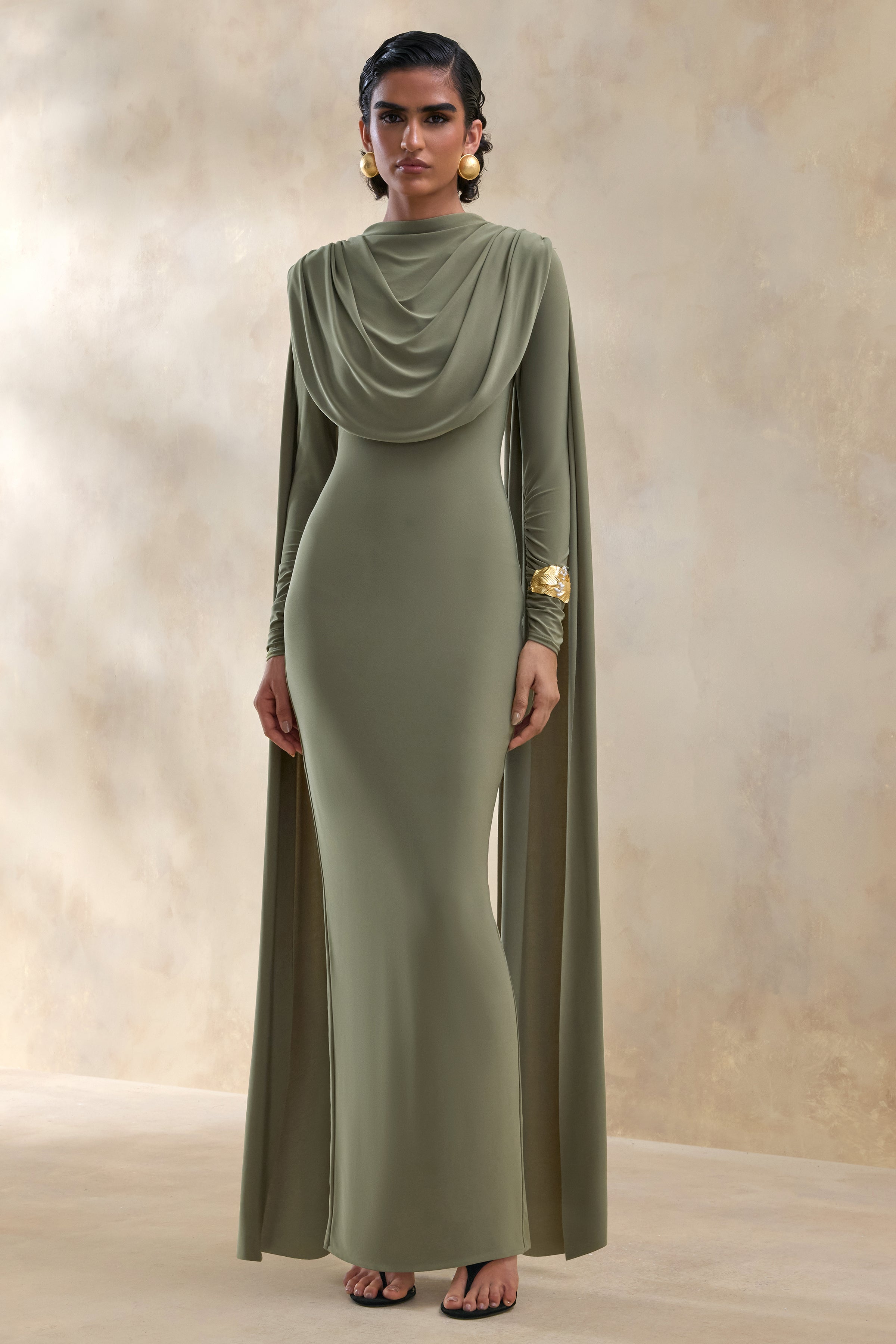 olive green maxi dress with sleeves Lysoria | High-Neck Draped-Detailing And Cape-Sleeves collection-props-clothes