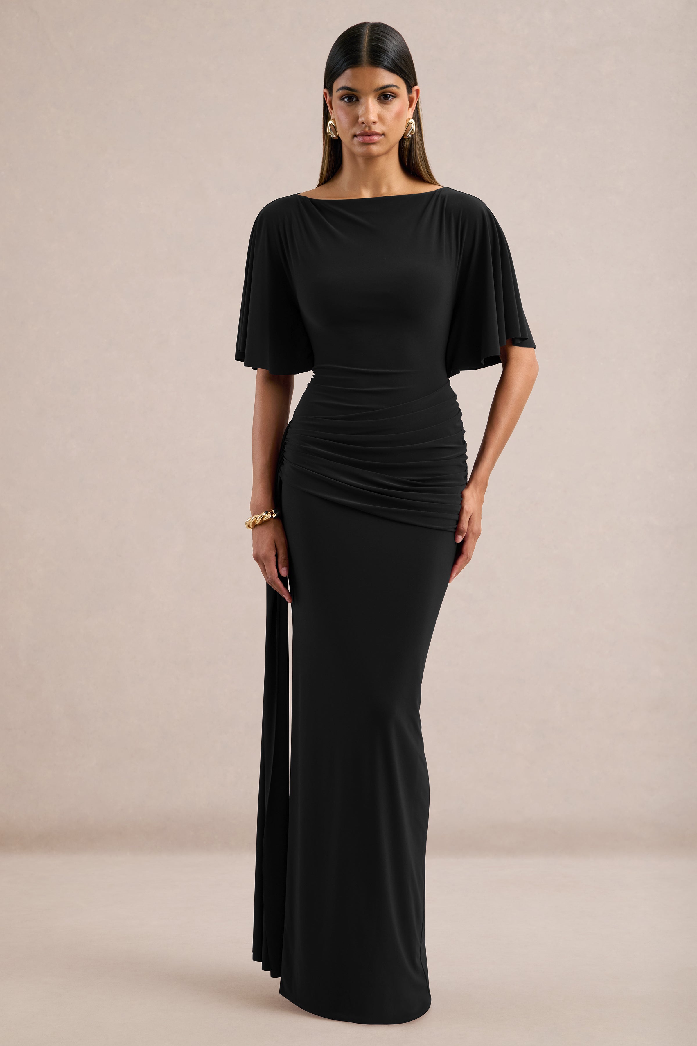 Emerelle | Black Jersey Ruched Boat Neck Short Sleeve Maxi Dress With – Club L London