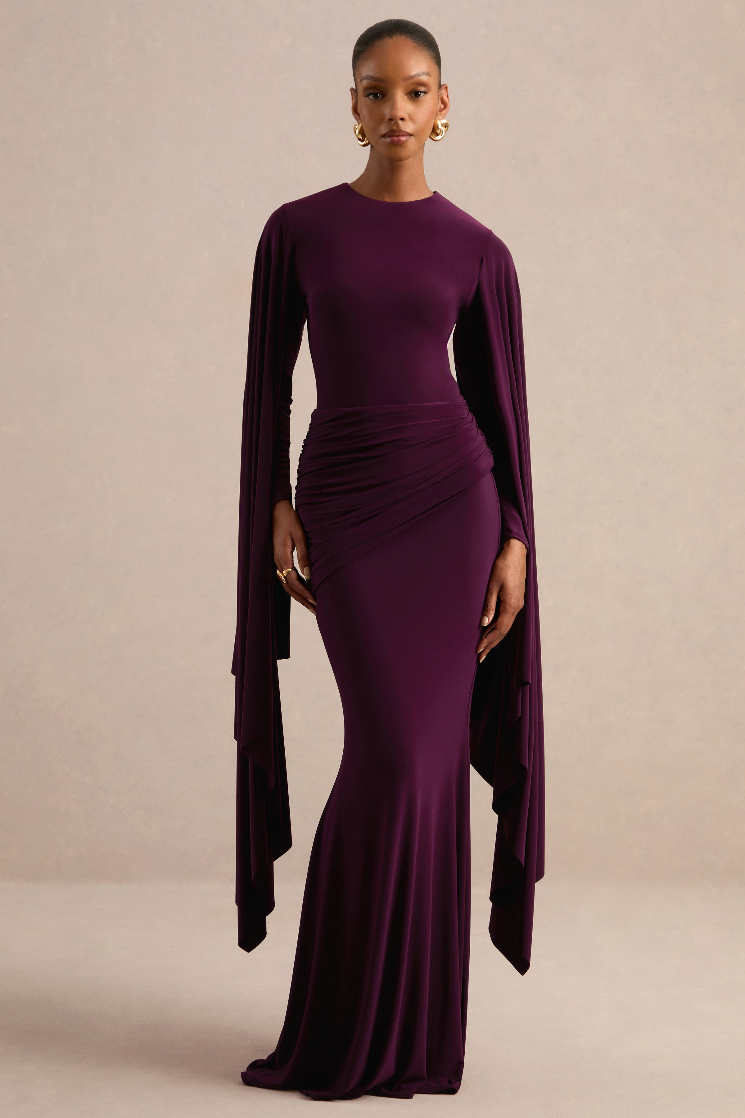 long sleeve formal purple dresses for women Sonaria | Jersey Round Neck Maxi Dress With Cape Sl – Club L London blue platform shoes