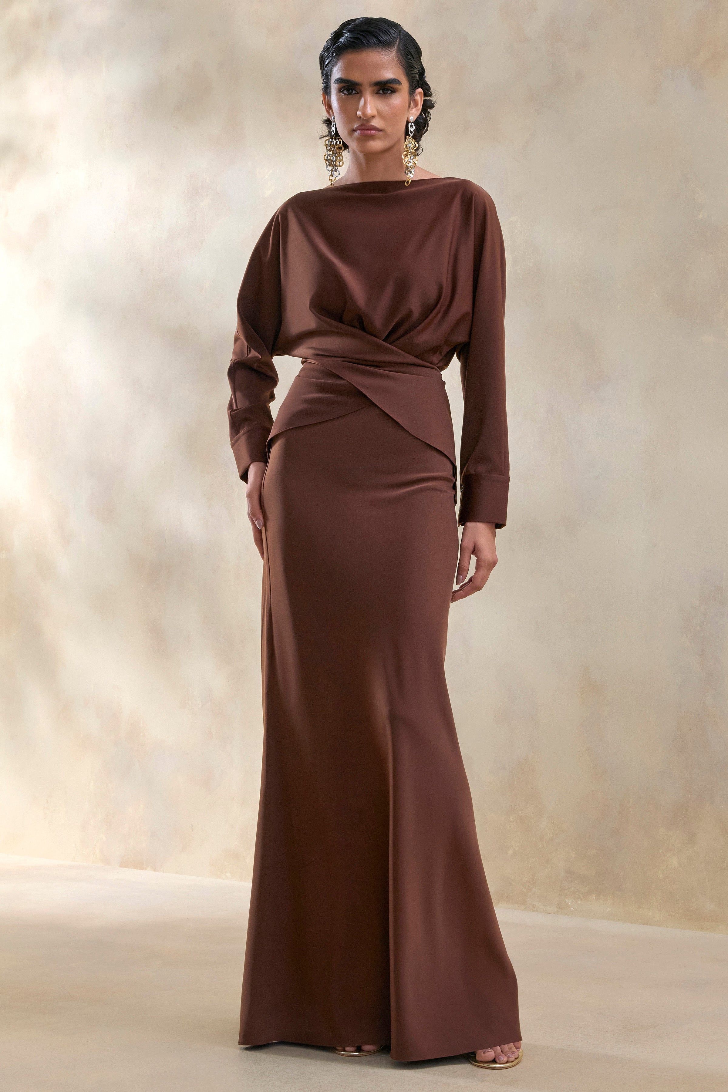 Elaria | Brown Satin Maxi-Skirt – Club L London - USA