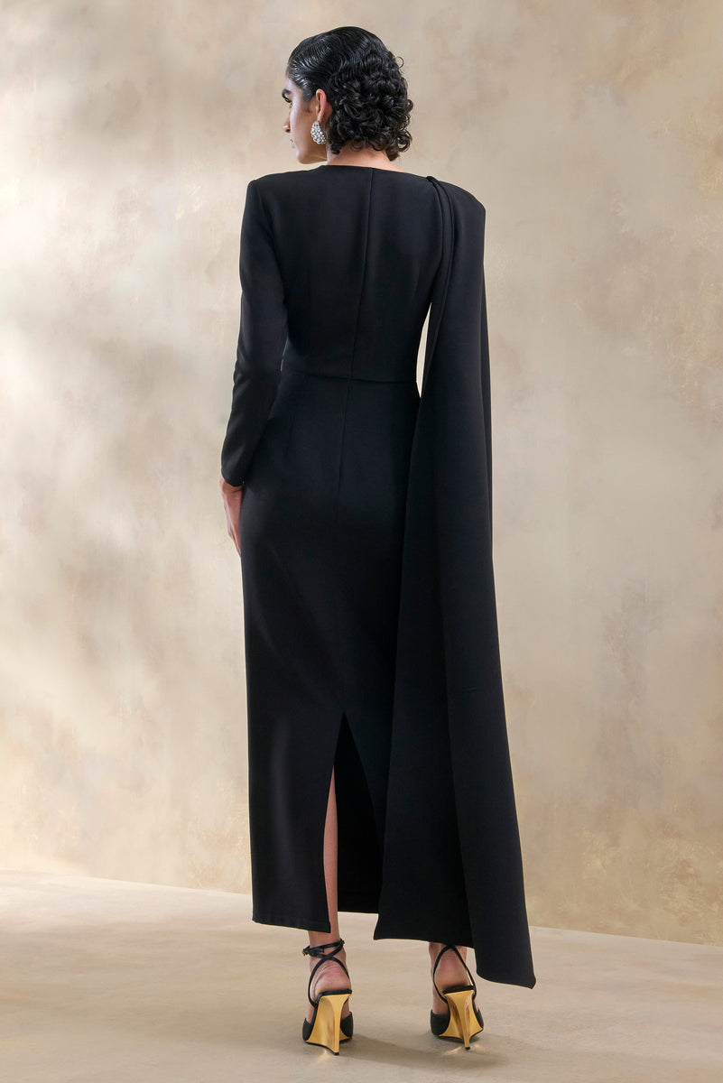 long sleeve round neck maxi dress Jovea | Black Round-Neck Maxi Dress With Cape-Sleeve