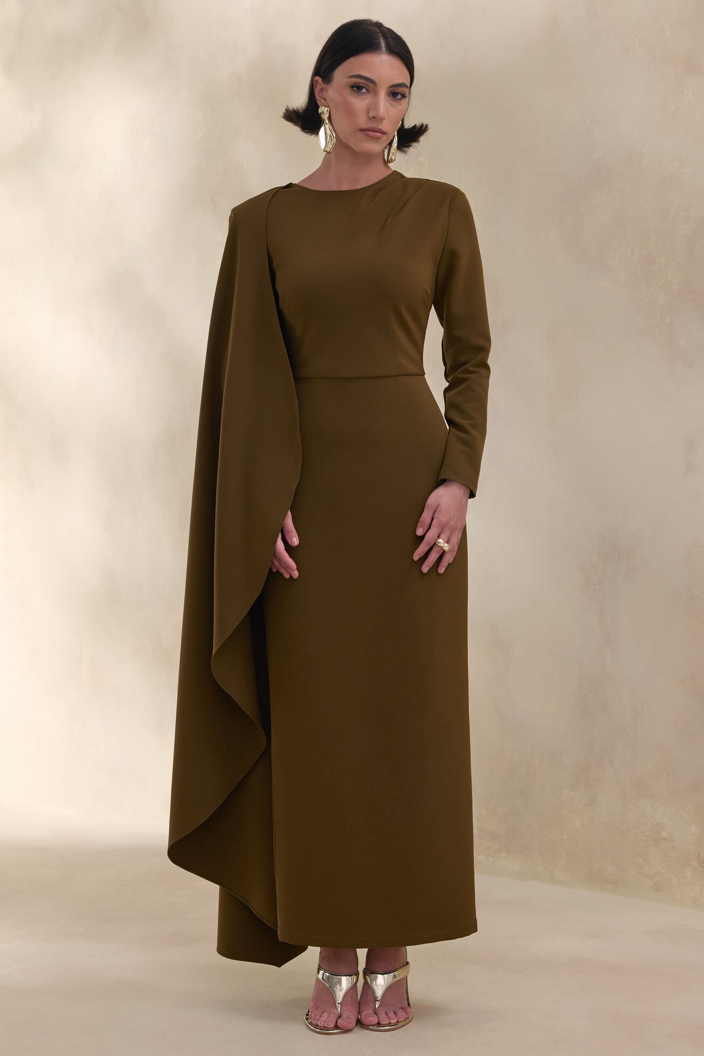 olive green cape dress Jovea | Olive Round-Neck Maxi Dress With Cape-Sleeve