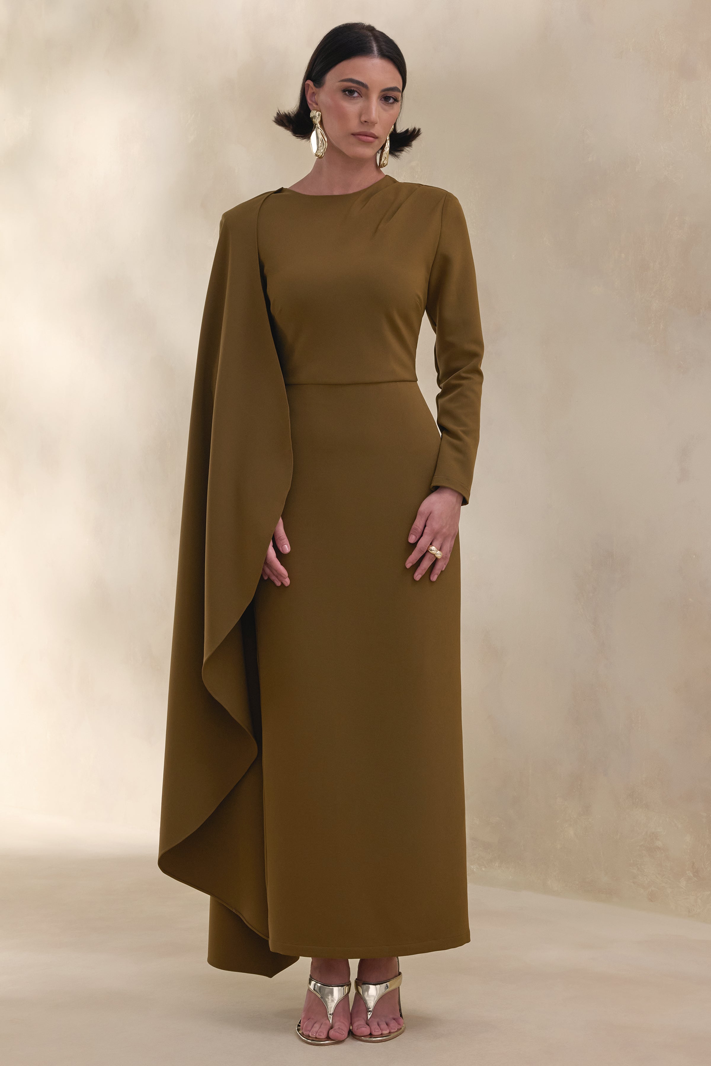 olive green maxi dress with sleeves Jovea | Round-Neck Cape-Sleeve collection-props-clothes