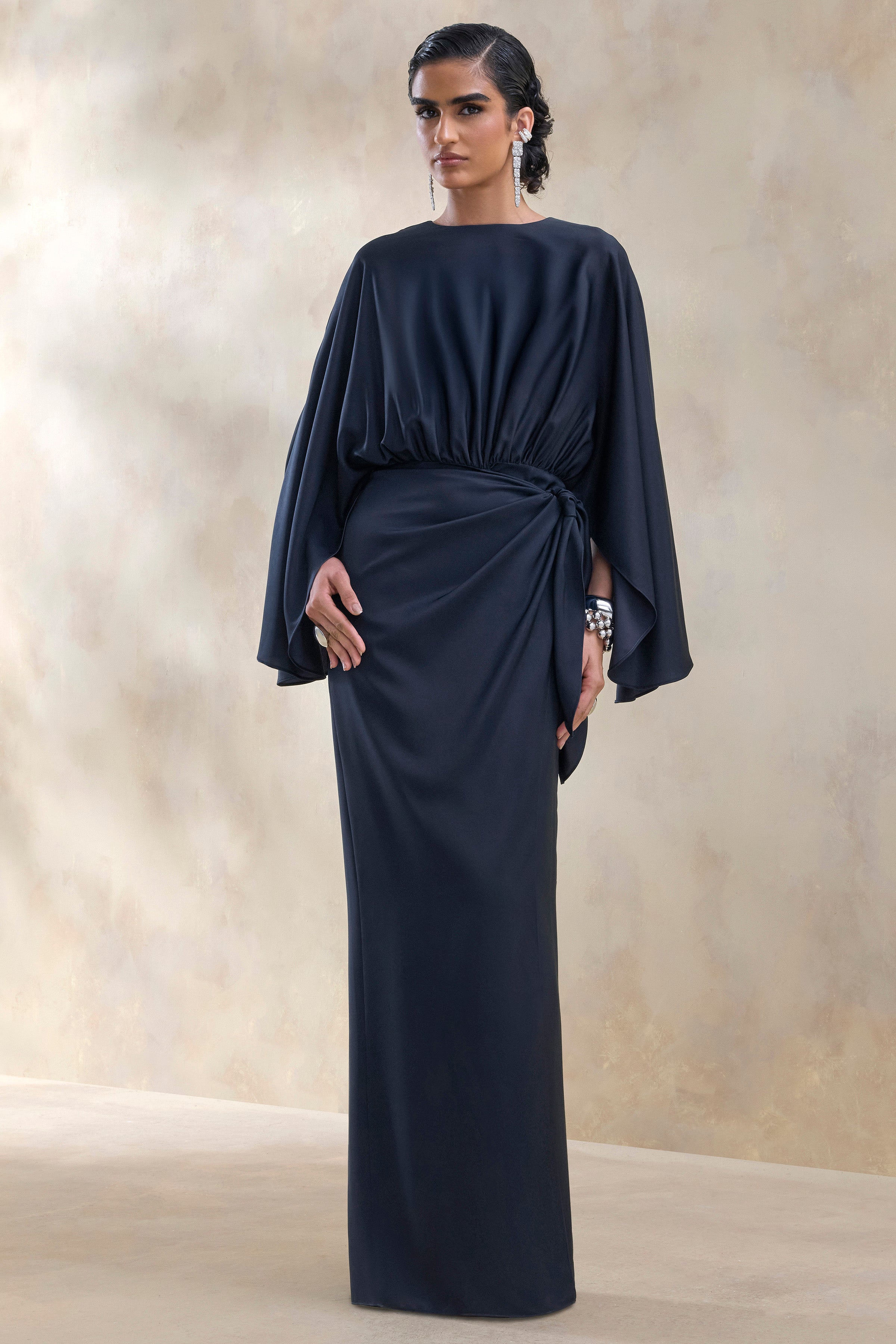 navy blue maxi dress Delphina | Satin With Gathered And Knot-Detail Turn around to reveal Size:18 / 36 lorenzo-uomo-dress-shirt Petal and Pup Women's