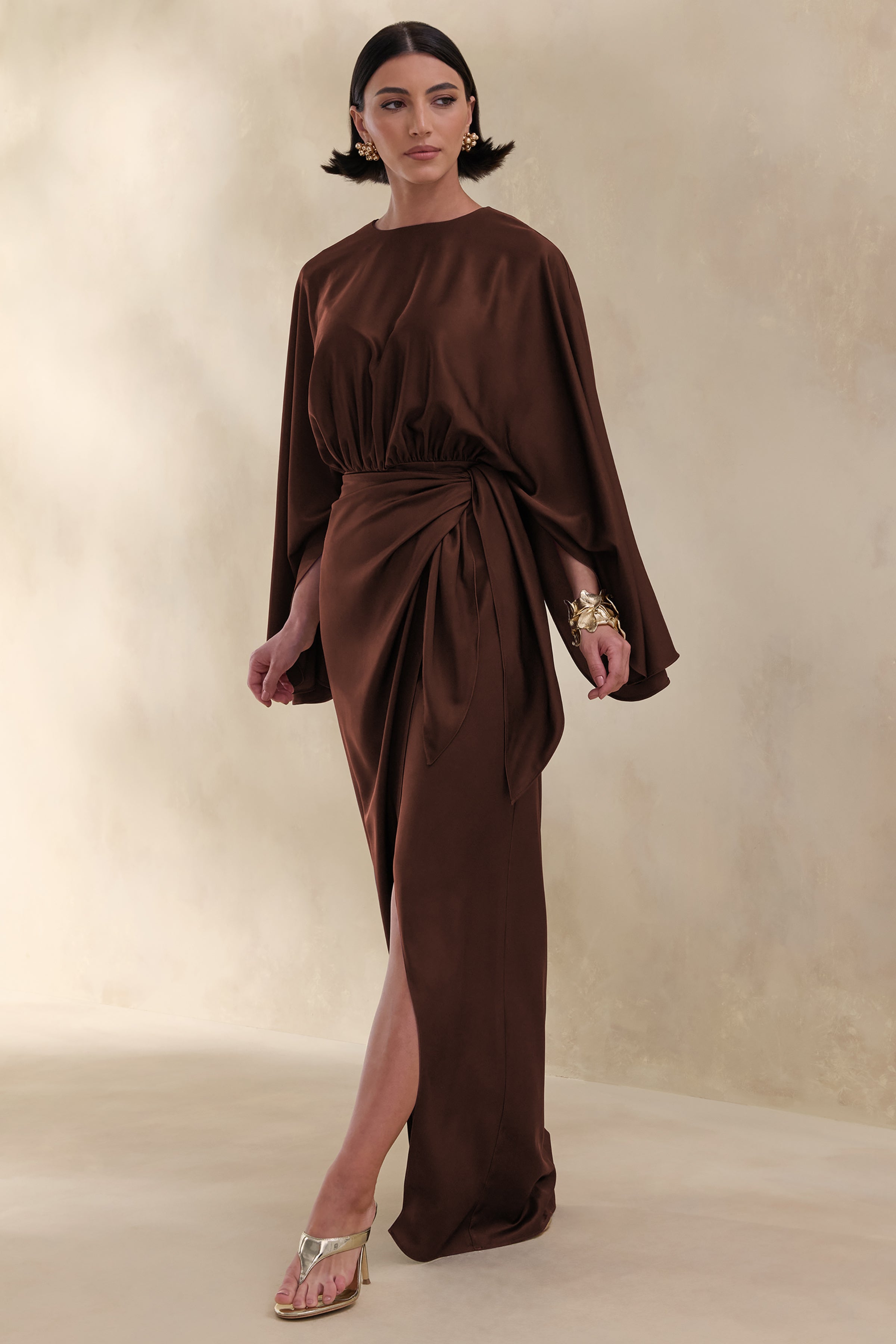 brown maxi satin dress The Samara Satin Maxi Dress Chocolate Brown