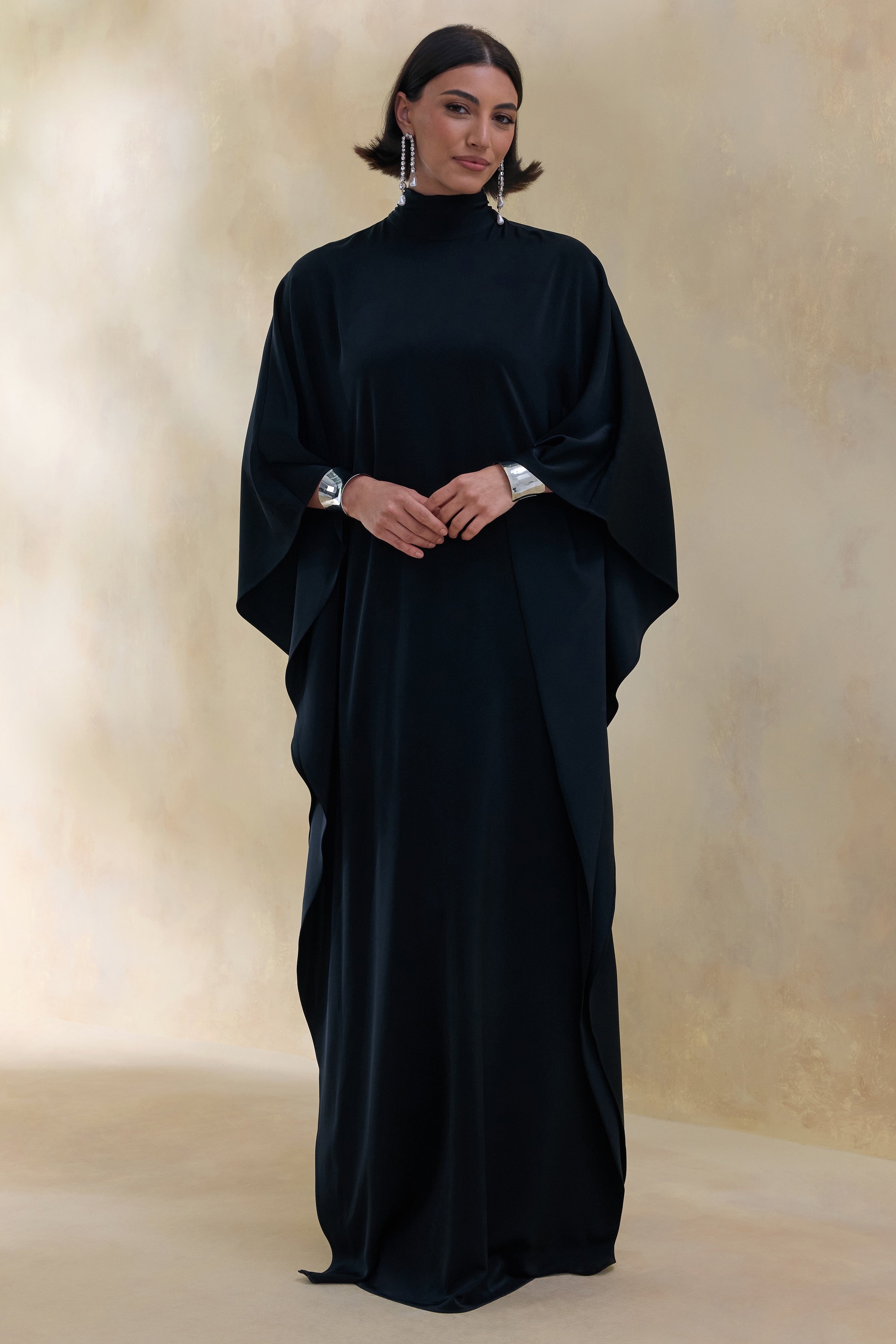 Lumisette | Black Satin High-Neck Maxi Dress With Cape – Club L