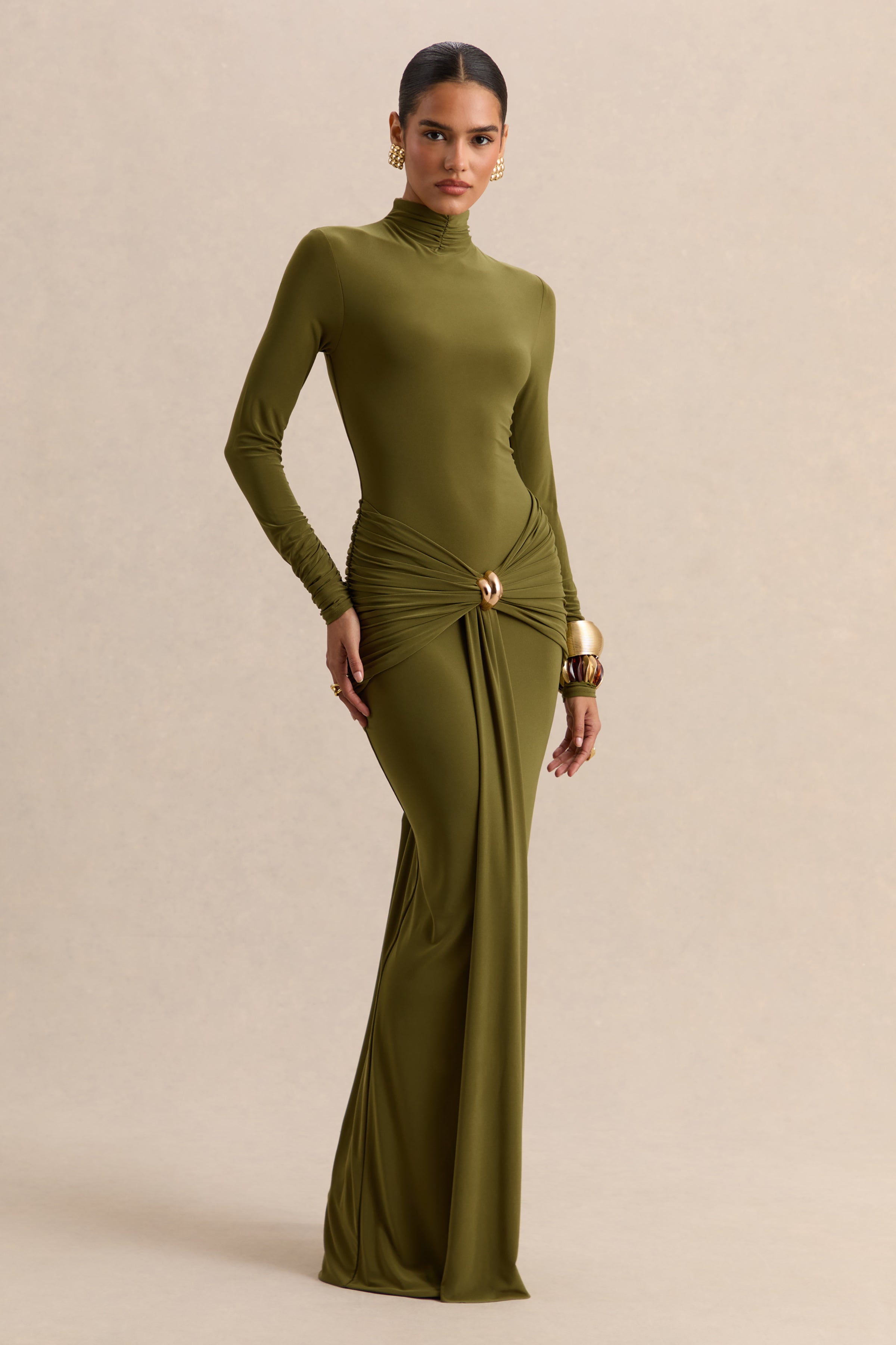 olive green high neck dress ASOS DESIGN Tall high neck scarf maxi dress in olive green