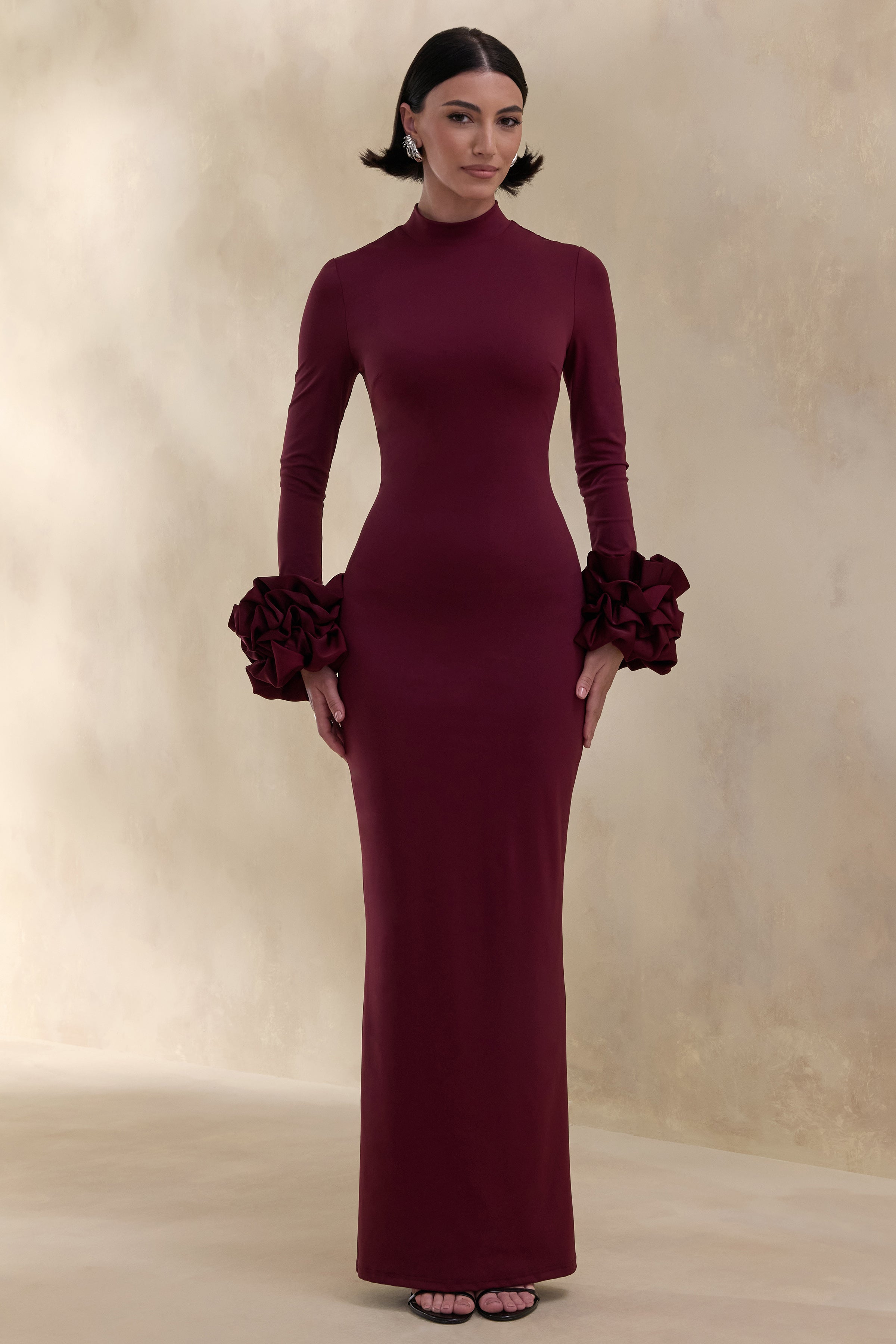 burgundy plum dress Jaselle | Dark PLUM High-Neck Maxi Dress With Ruffled Satin-Cuffs