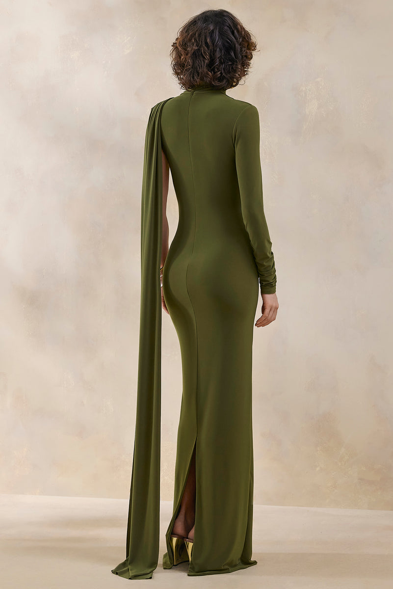 olive long sleeve maxi dress Oliria | Olive High-Neck Maxi Dress With One-Long Sleeve And Sash-Detail