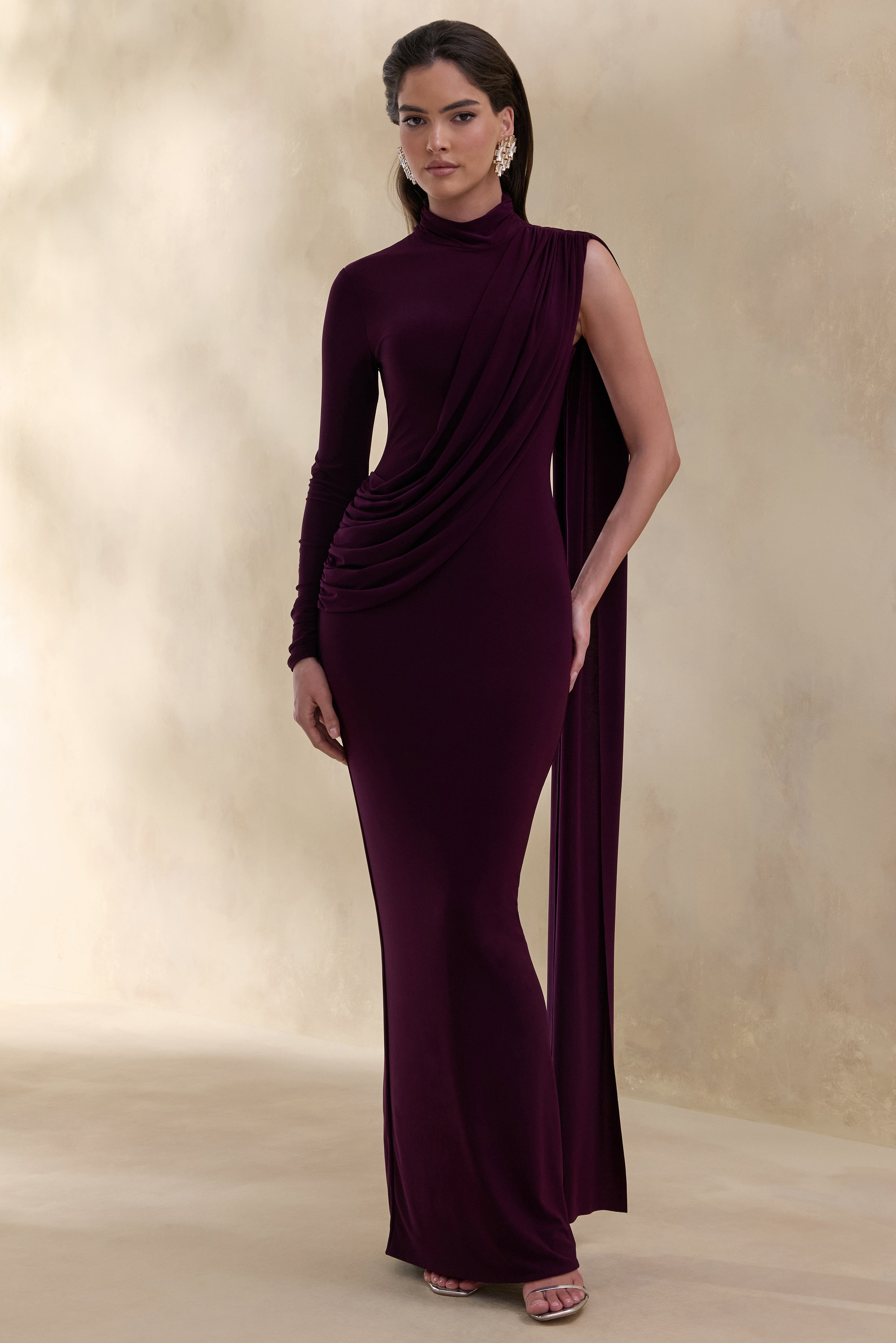 plum gowns & formal dresses Oliria | Dark High-Neck Maxi Dress With One-Long Sleeve And Sash-Detail WIDTH:MEDIUM ZIZI Boutique Leely Women Sage White Beaded Floral