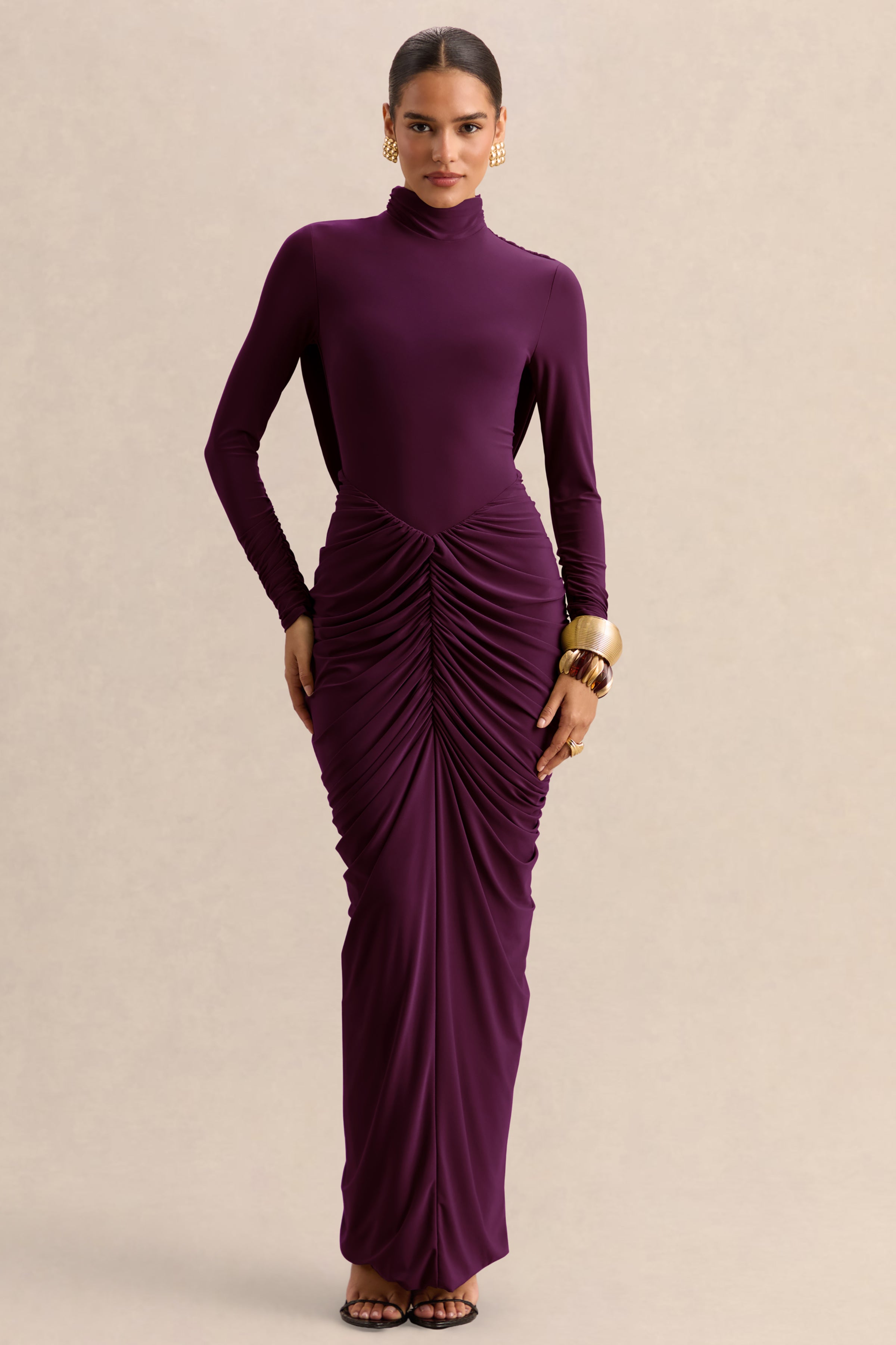 plum long dresses Harmona | Dark High-Neck Maxi Dress With Gathered And Draped-Detailing Type:Standard Canvas brown dress while the closed back Varley Florian Knit Dress