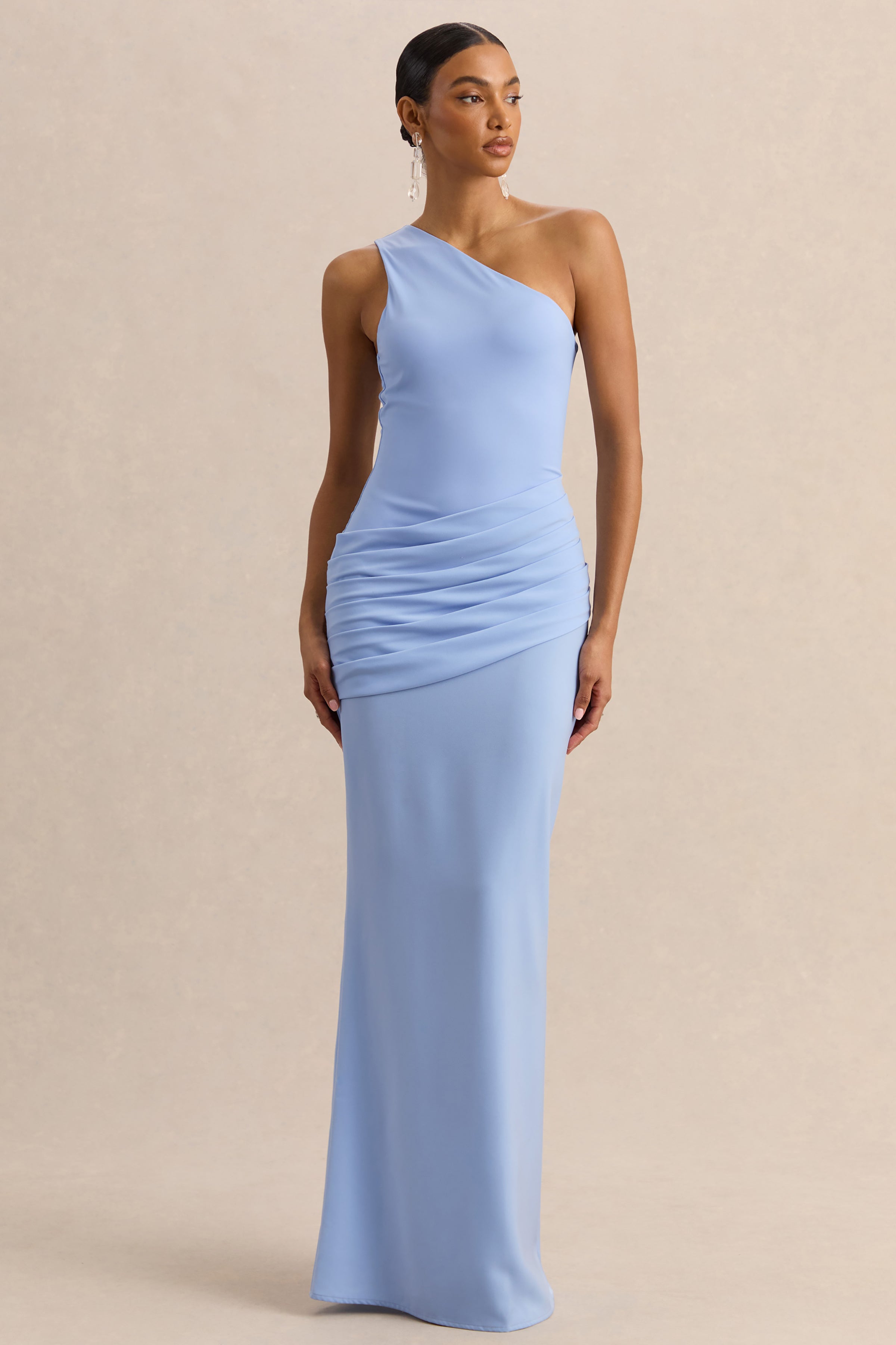 satin draped shoulder maxi dress Myla Draped Shoulders Satin Maxi Dress / Khaki | MESHKI
