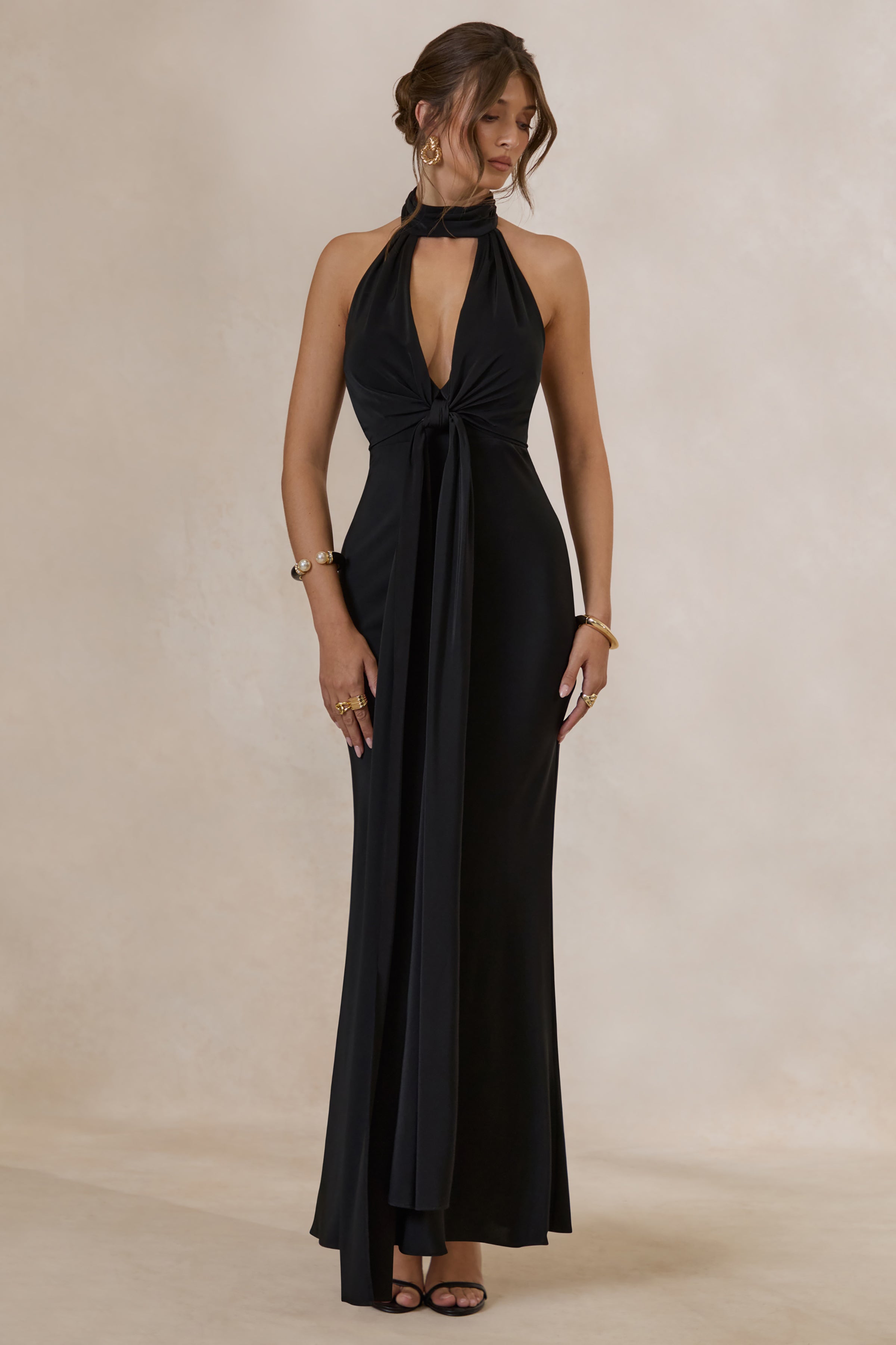 black satin cross over halterneck maxi dress Satin Cross Strap Halter Gown