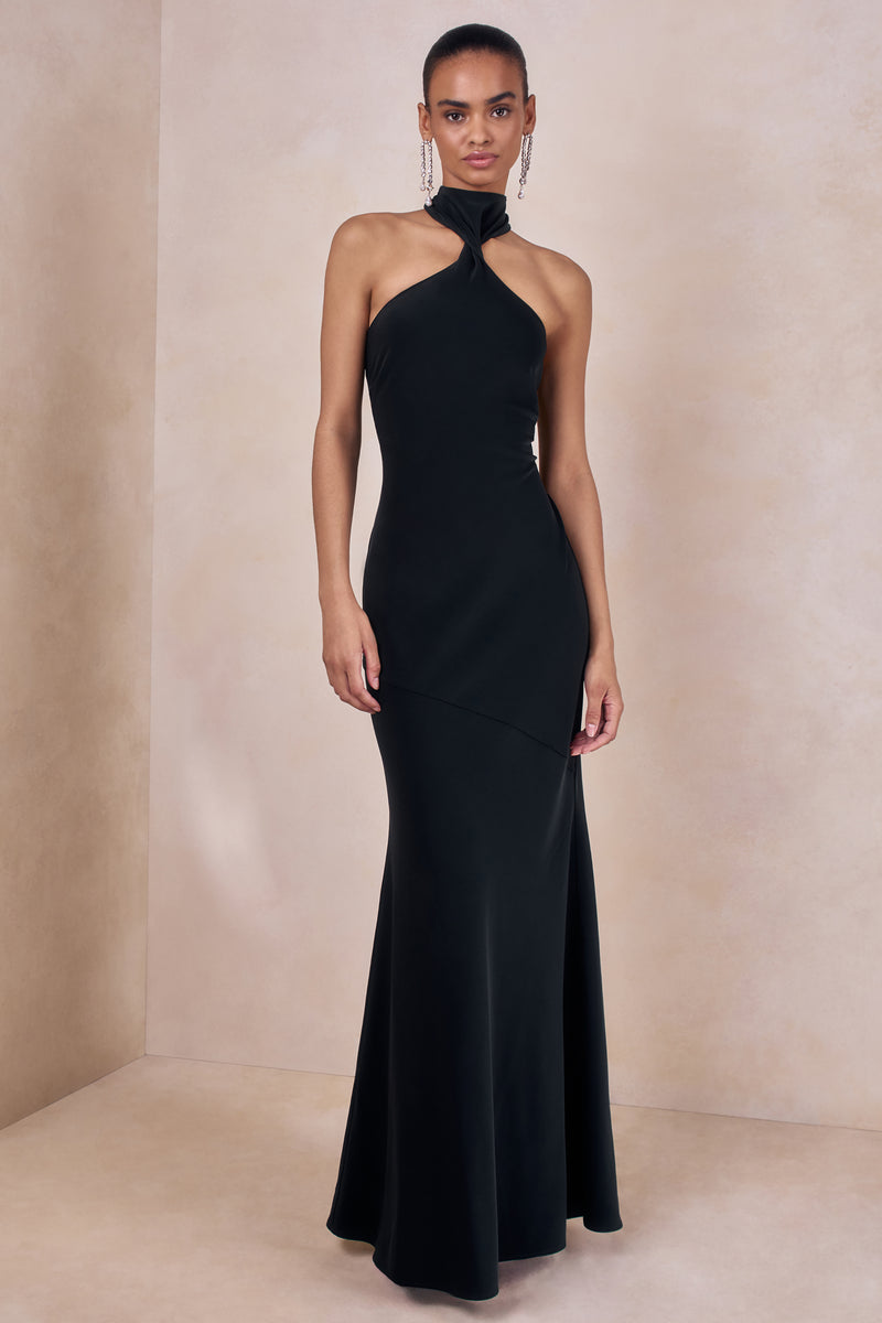 Bellora Black Satin Halter-Neck Maxi Dress With Scarf-Detail – Club L  London