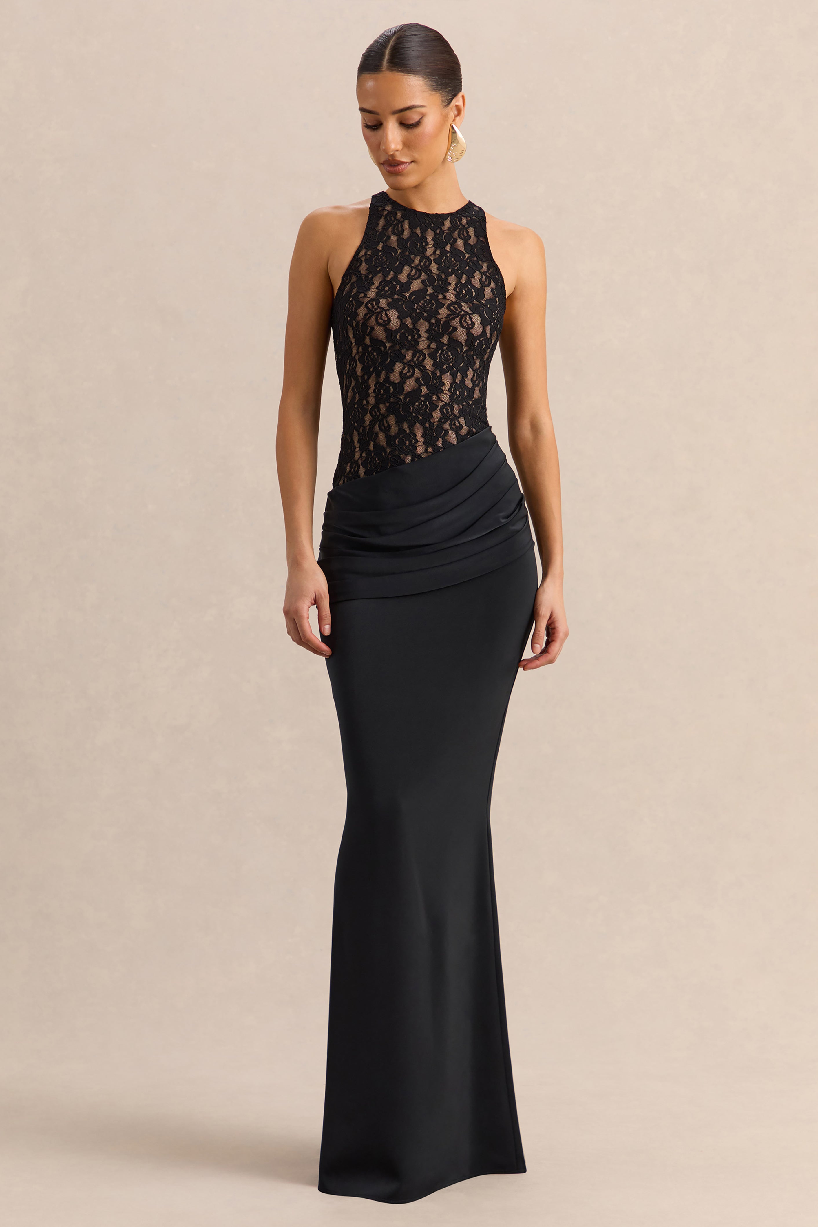 Anthelia | Black Lace And Satin Racer-Neck Maxi Dress With Draped
