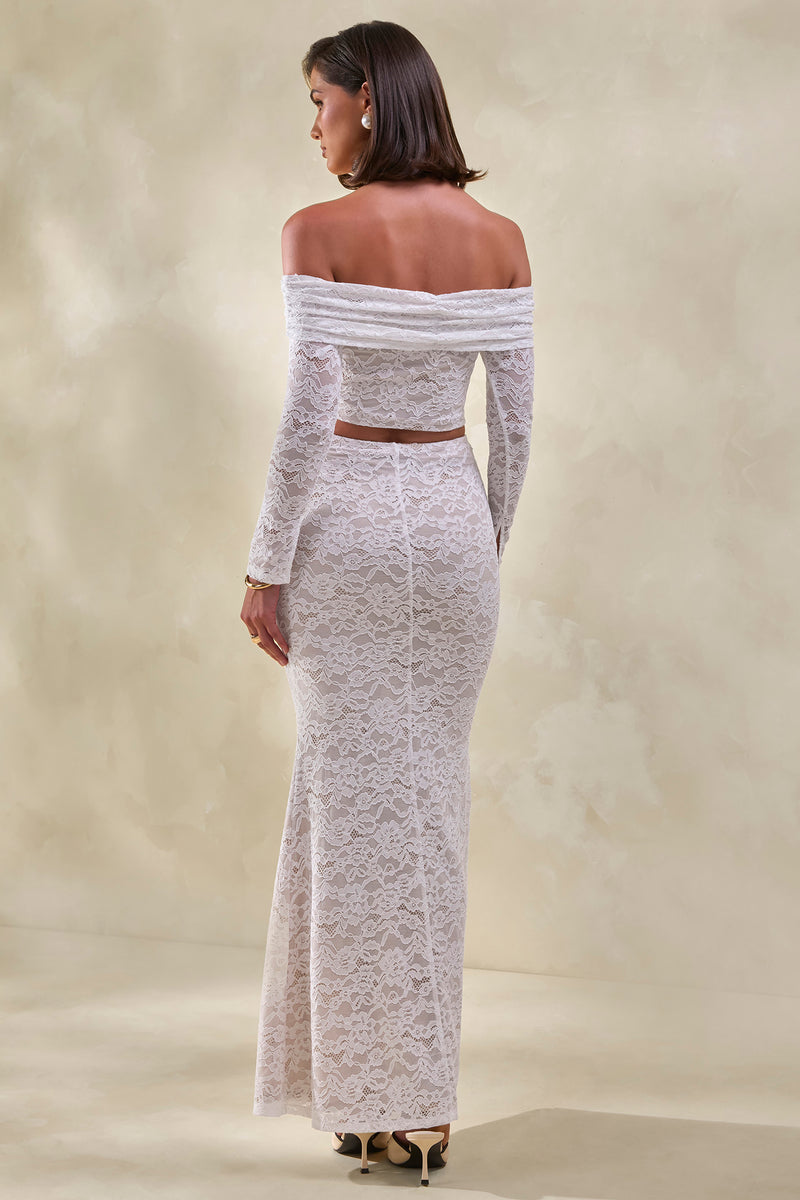 Virena White Lace Bardot-Neck Crop-Top  Club L London - USA