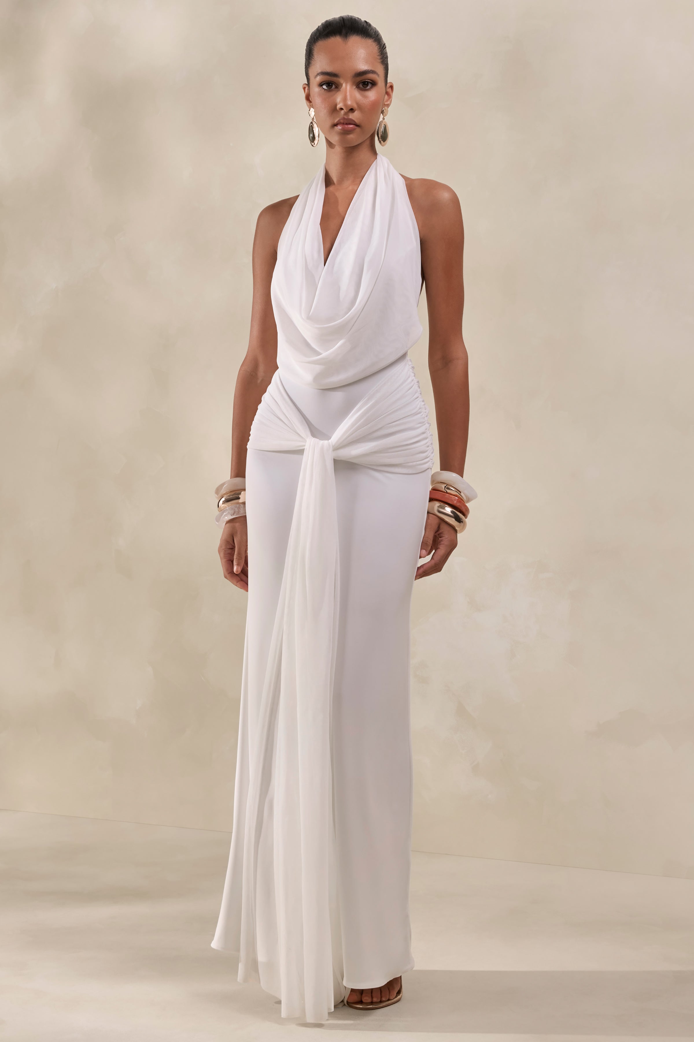 white rose maxi dress Rosetide | Cowl-Neck With Gathered-Detailing And Sash Apricot Dianthus Maxi Dress Black Friday 24 Babys Collection white maxi dress with Options:Top