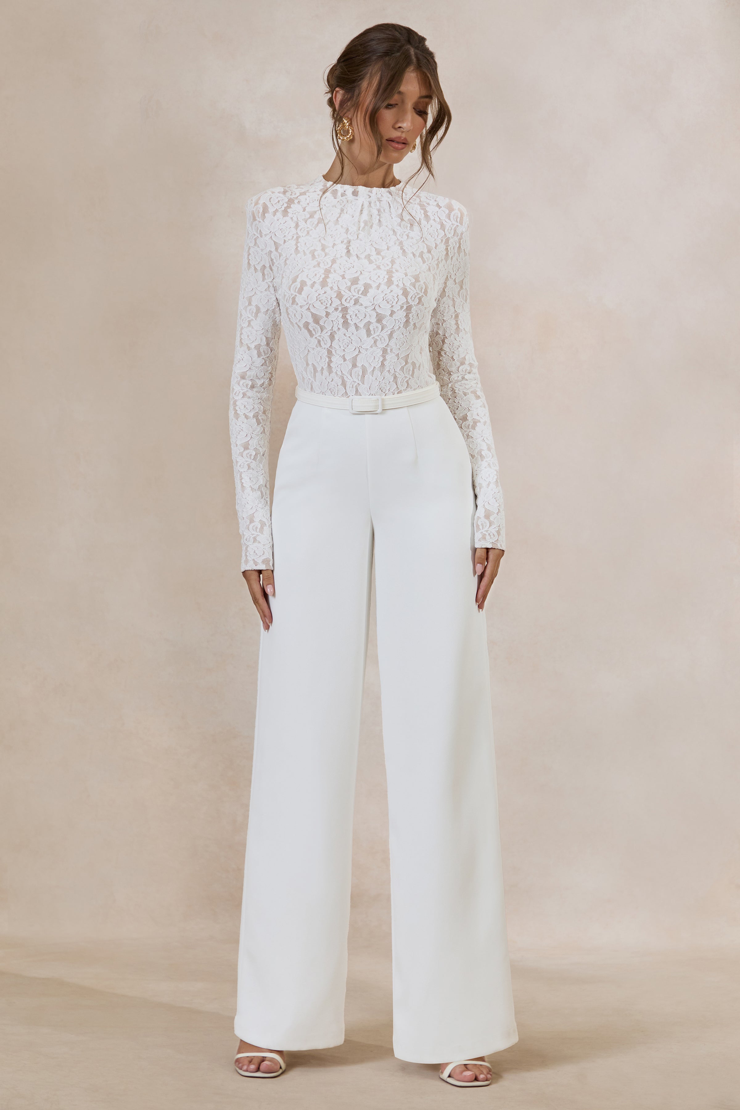 Romancea | White Lace High-Neck Jumpsuit With Belt Detail – Club L