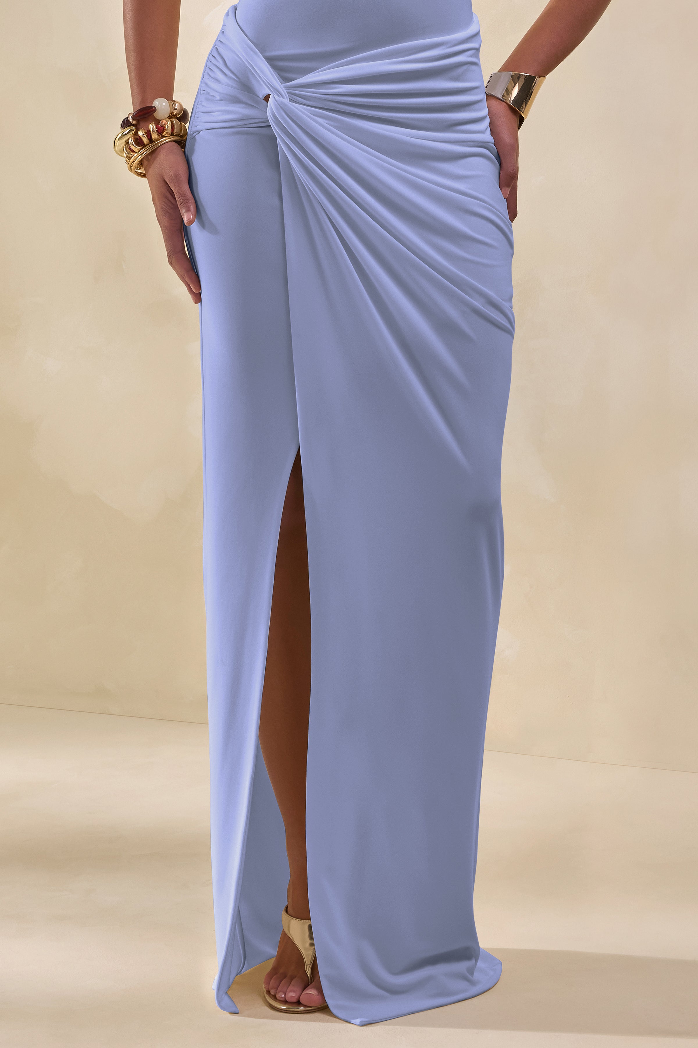 Idris | Blue Twisted Waist Maxi Skirt With Front Split – Club L