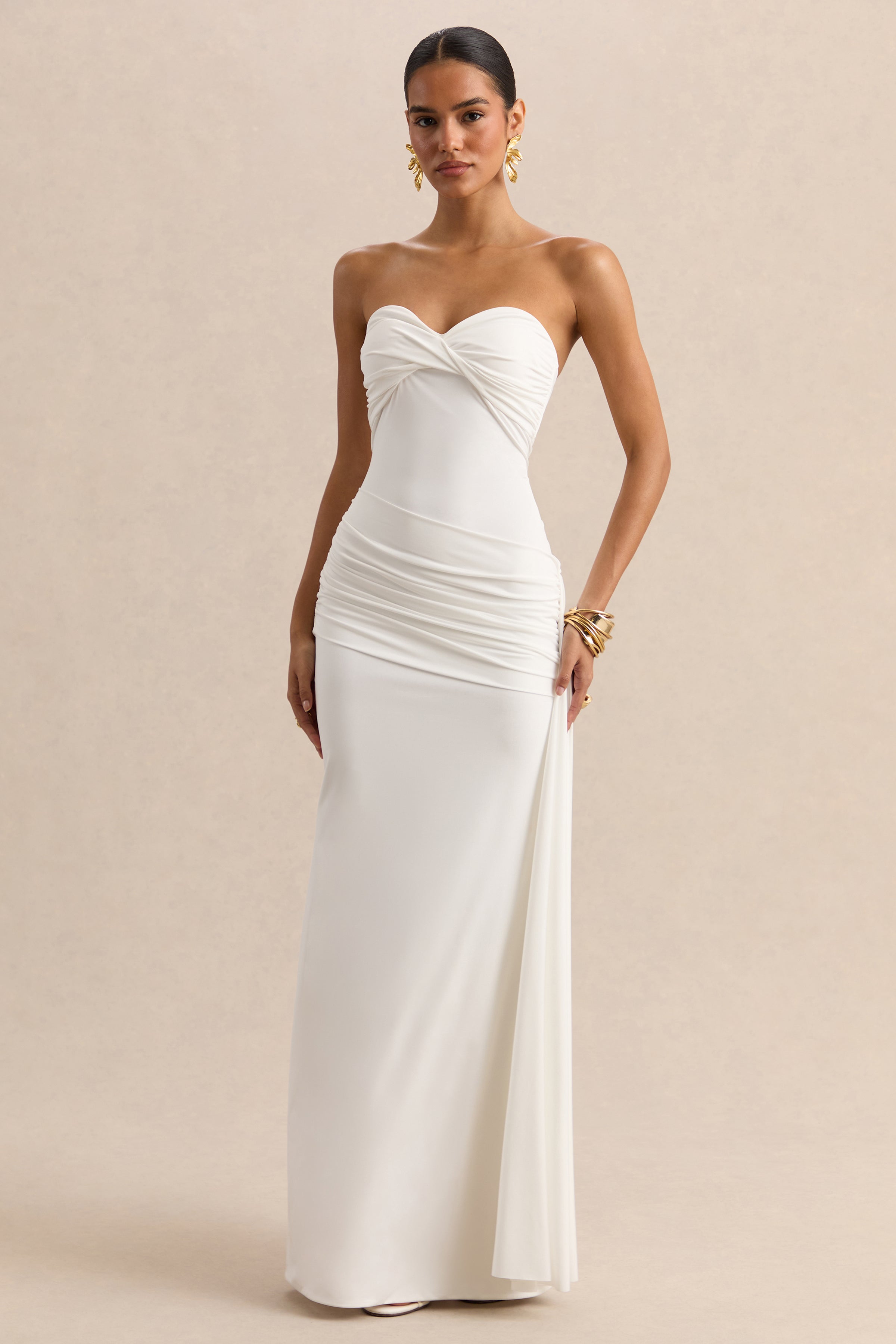 Liramine | White Bandeau Maxi-Dress With Gathered-Detailing And