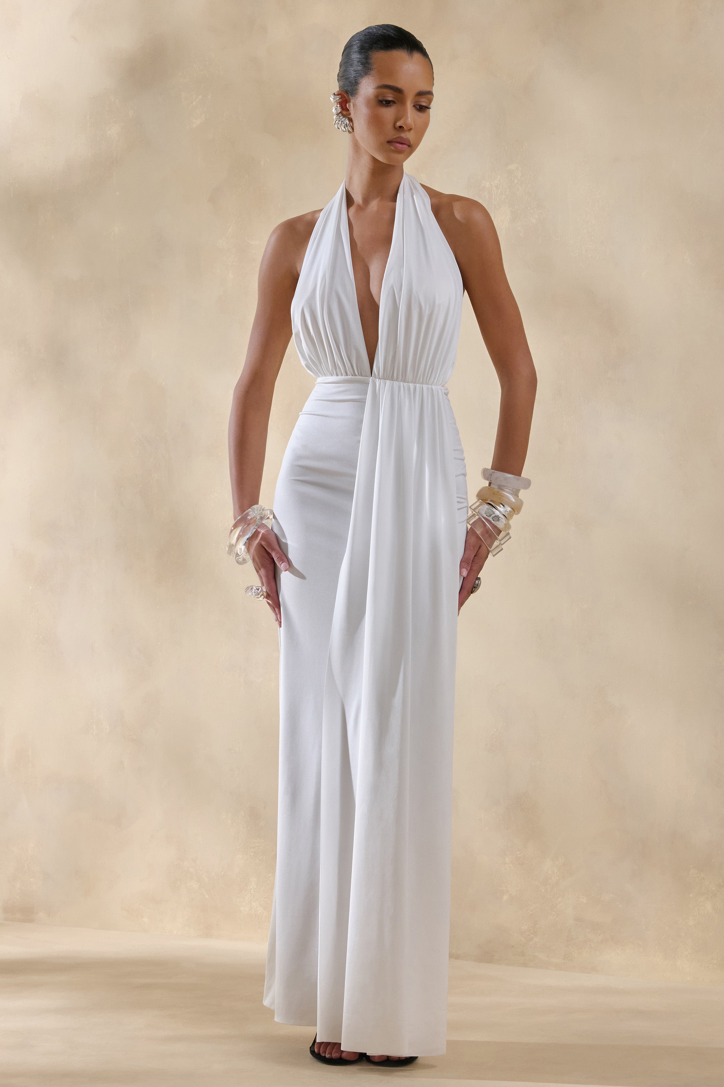 white plunge neck maxi dress Doria | White Plunge-Neck Maxi Dress – Club L London