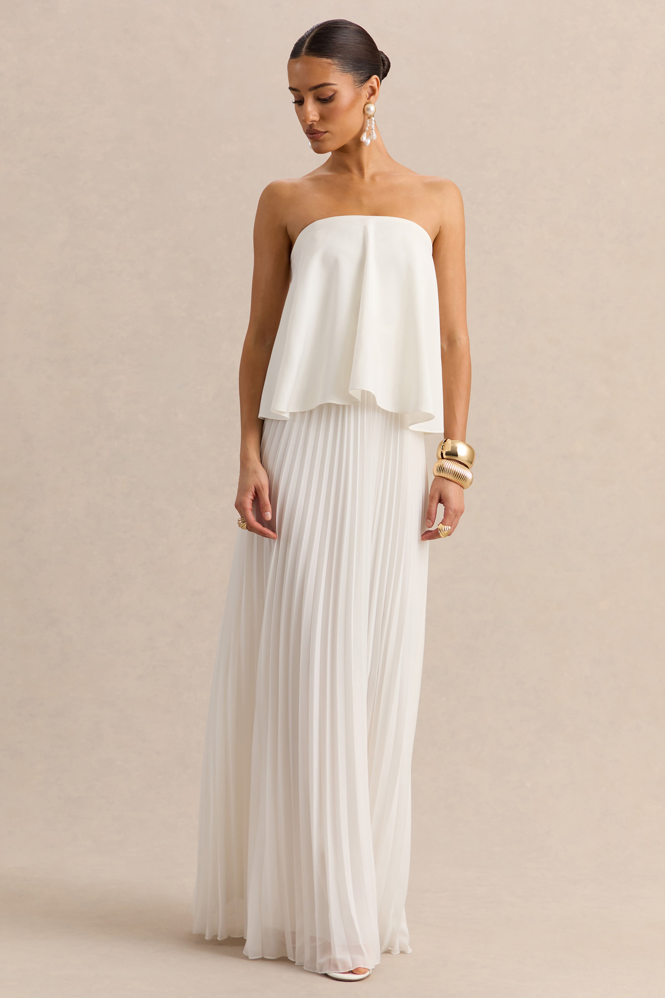 white pleated maxi dress Vienne Lace-Up layered tulle skirt that finishes at a maxi hem with an elegant train at the back Geisha Designs Pleated Cape V-Neck
