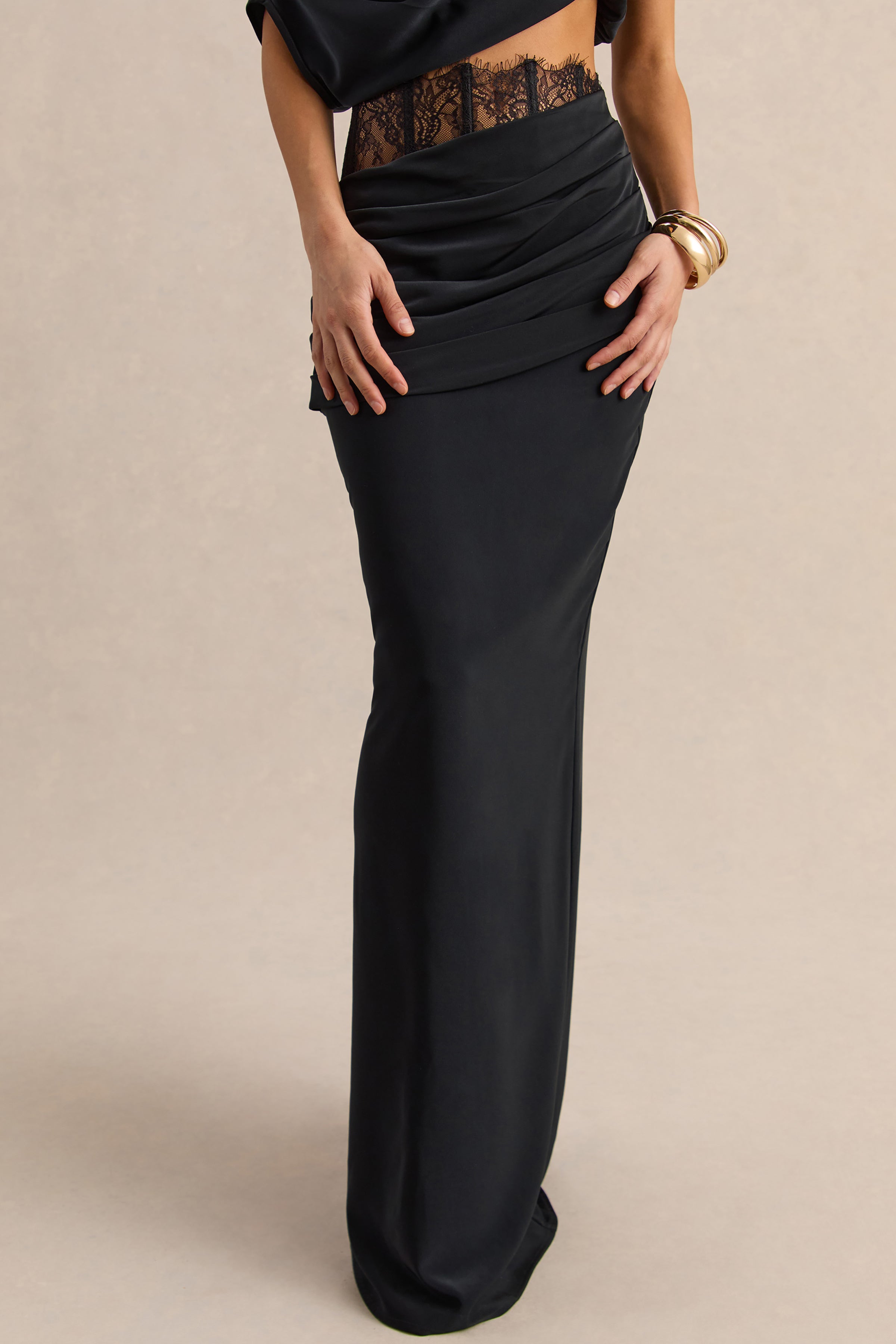 Silora | Black Satin Maxi Skirt With Lace-Detail – Club L London - USA