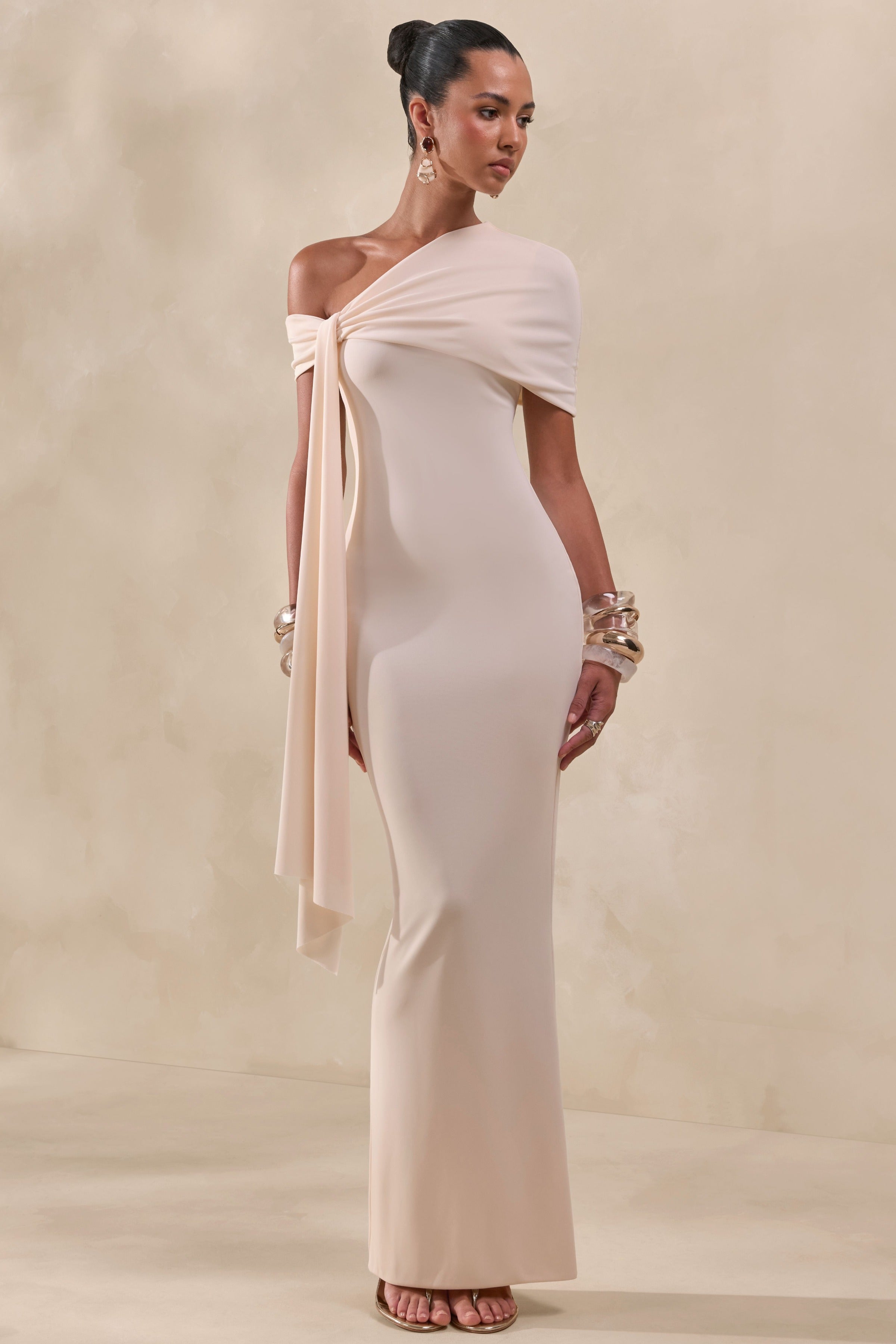 cream one shoulder maxi dress La Lune One Shoulder Cowl Back Maxi Dress