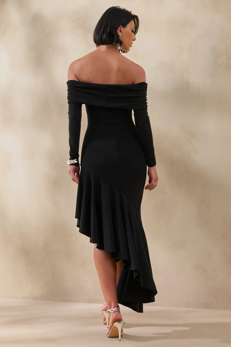 Goldara Black Bardot-Neck Maxi Dress With Ruffled Asymmetric-Hem  Club L  London - USA
