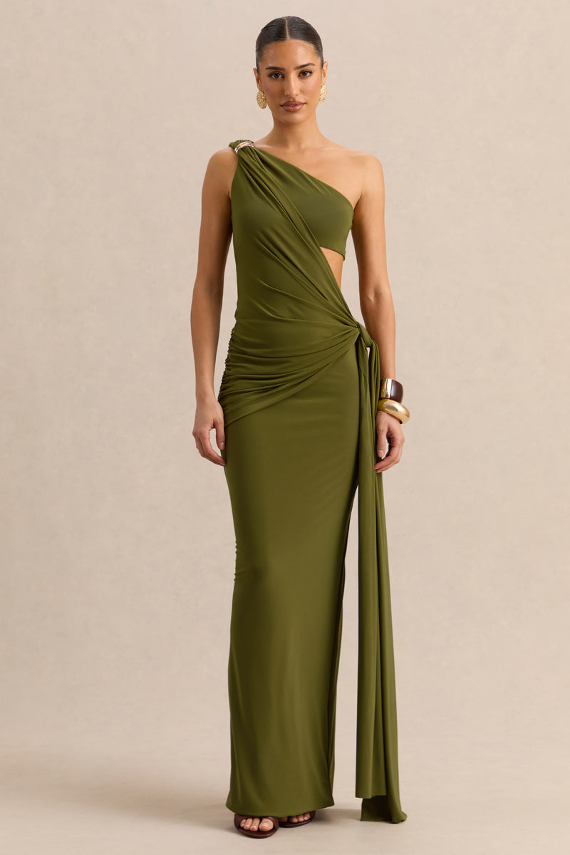 Clarosia Green Asymmetric-Neck Maxi Dress With Cut-Out With Sash – Club L  London