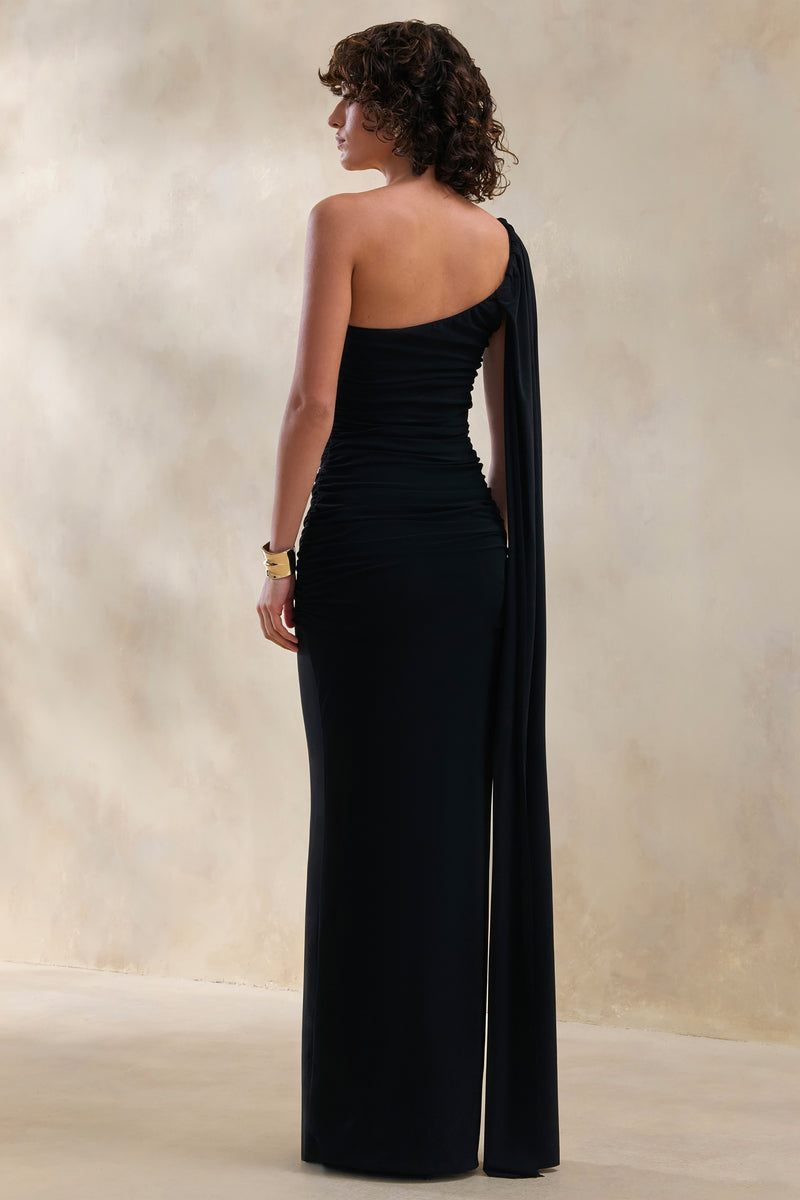 Belrose Black Asymmetric-Neck Maxi Dress With Gold-Detail And Front- Club L London - USA Belrose Black Asymmetric-Neck Maxi Dress With Gold-Detail And Front- Club L London - USA