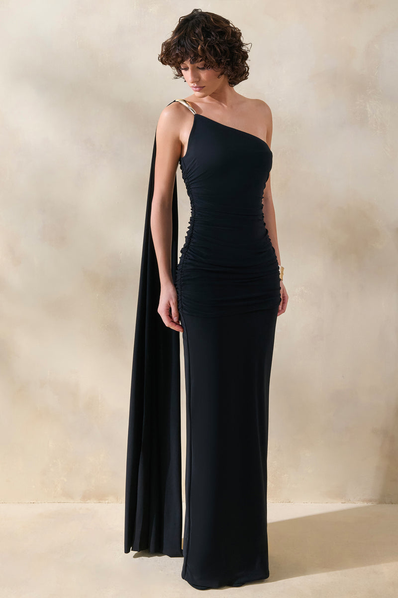 Belrose Black Asymmetric-Neck Maxi Dress With Gold-Detail And Front- – Club  L London