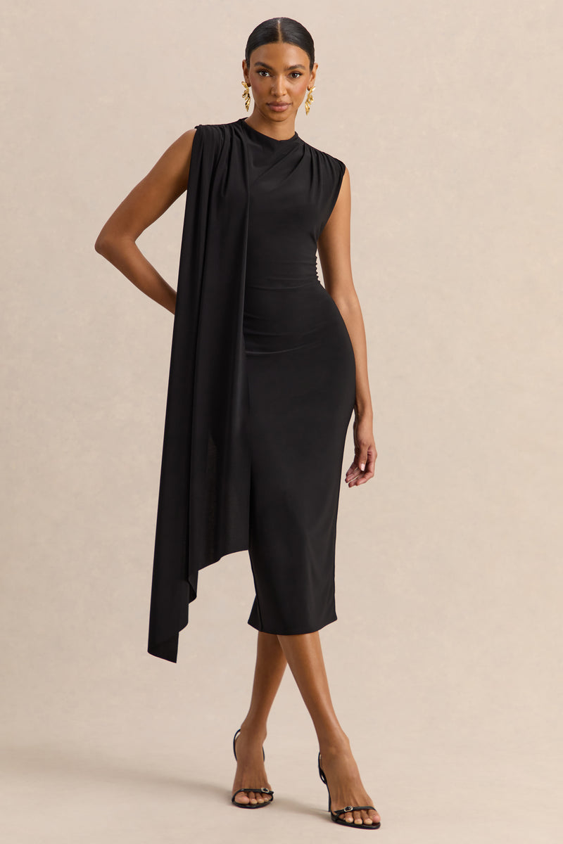 Oleandra Black High-Neck Midi-Dress With Draped-Detail – Club L London