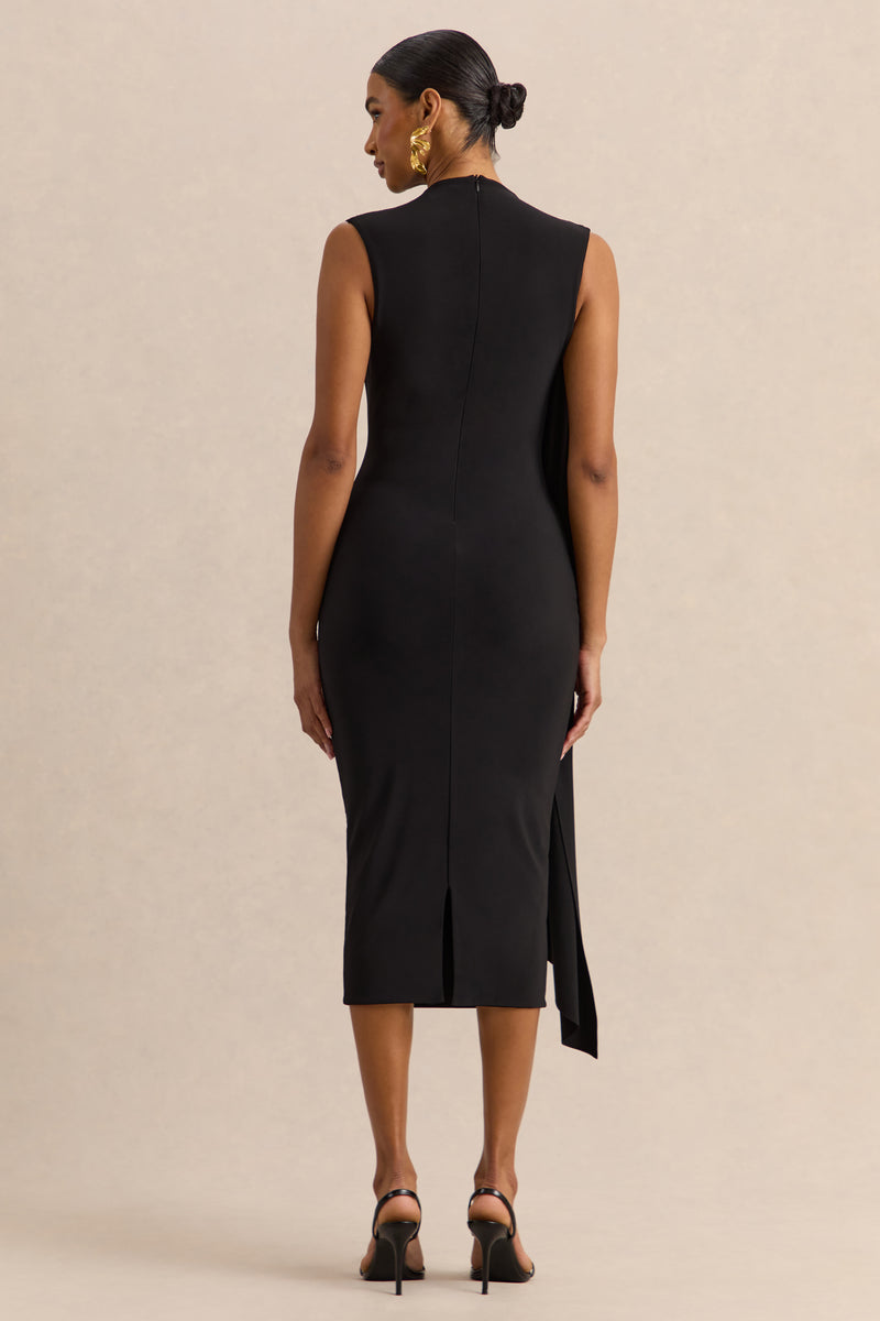 Oleandra Black High-Neck Midi-Dress With Draped-Detail – Club L London