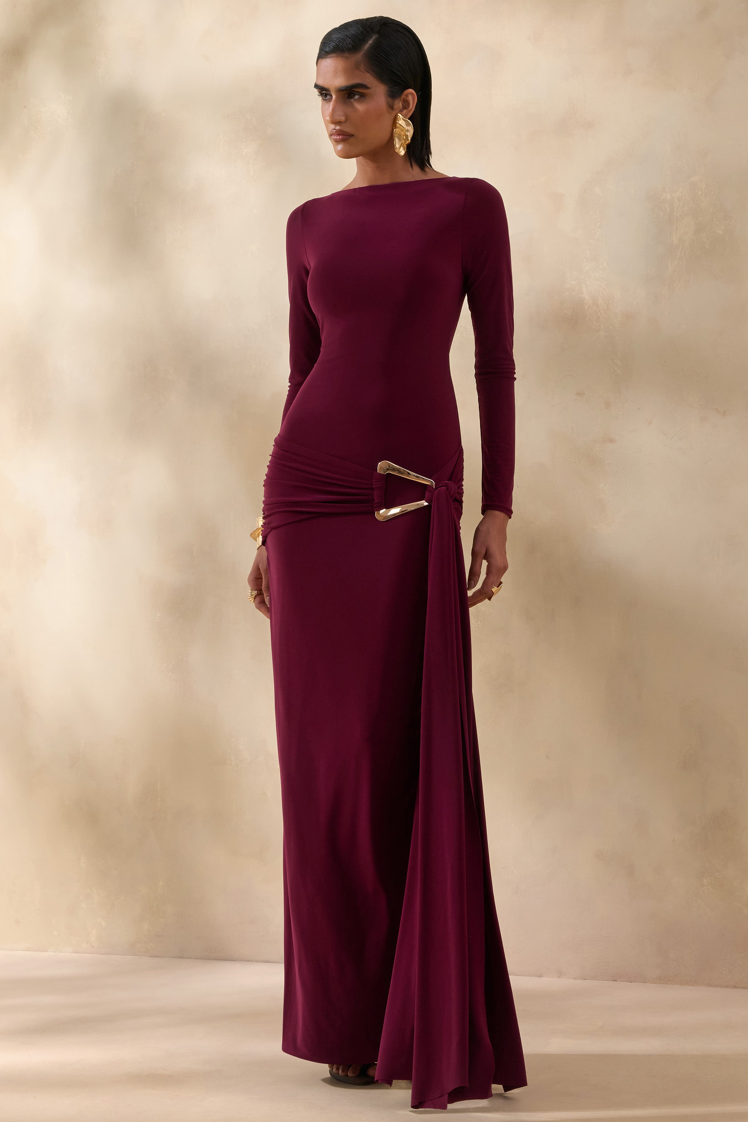 burgundy and gold evening dress Astrielle | Wide-Neck With Gold-Detail Sash Ball gown