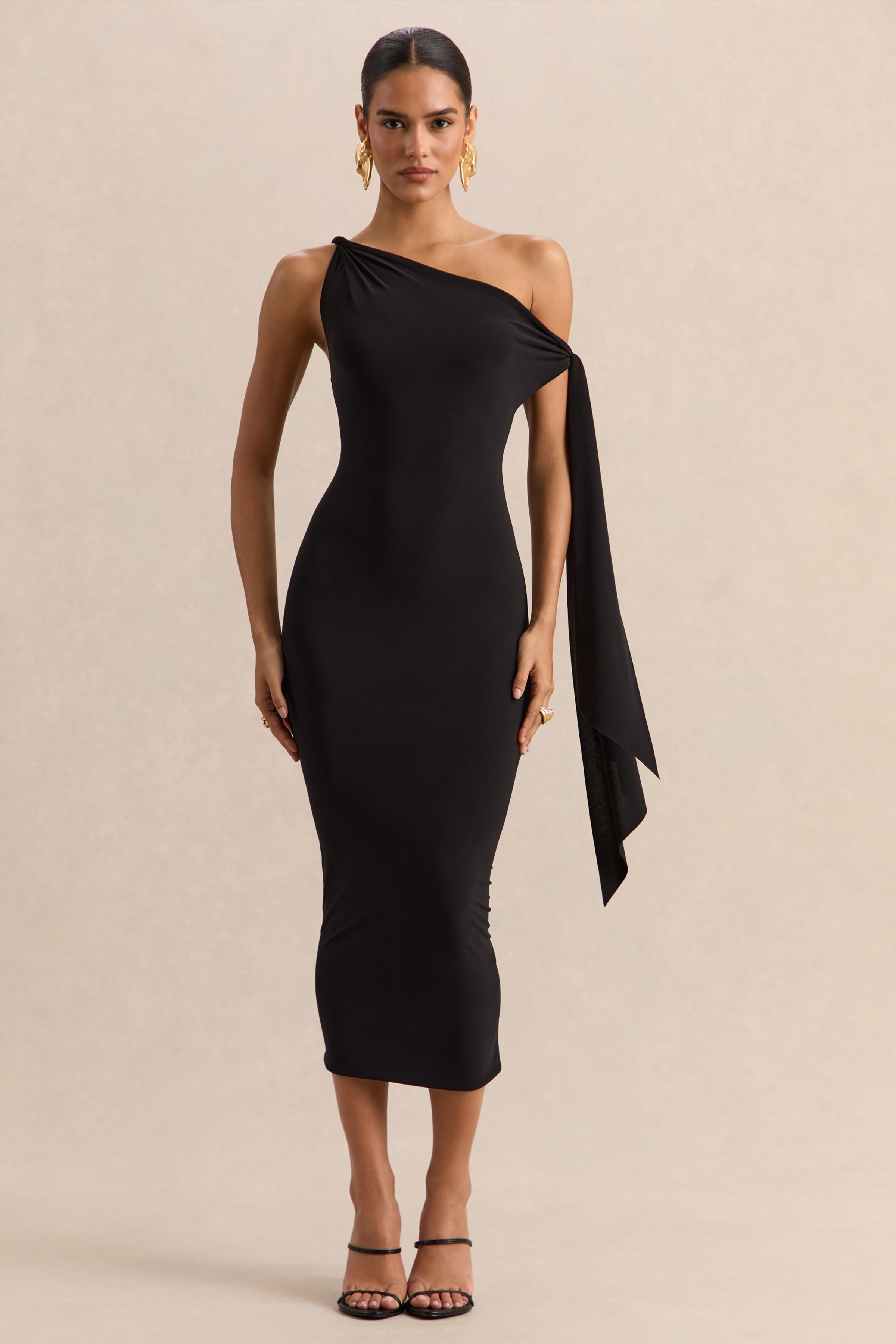 Arcelia | Black Jersey One Shoulder Midi Dress With Twist And Knot Sash Detailing