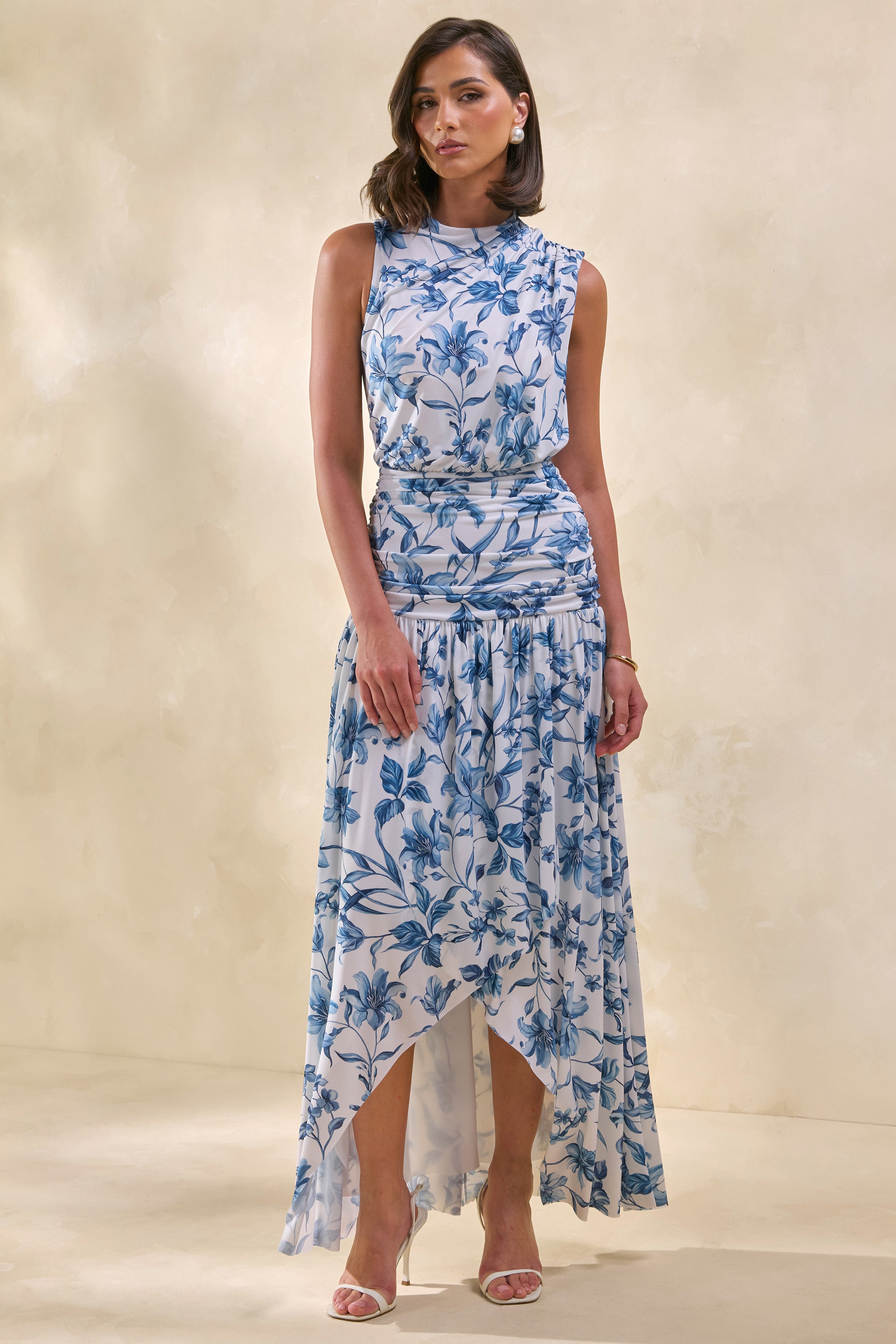 blue and white porcelain print dress SILK-LINEN PORCELAIN PRINT PATCHWORK DRESS S