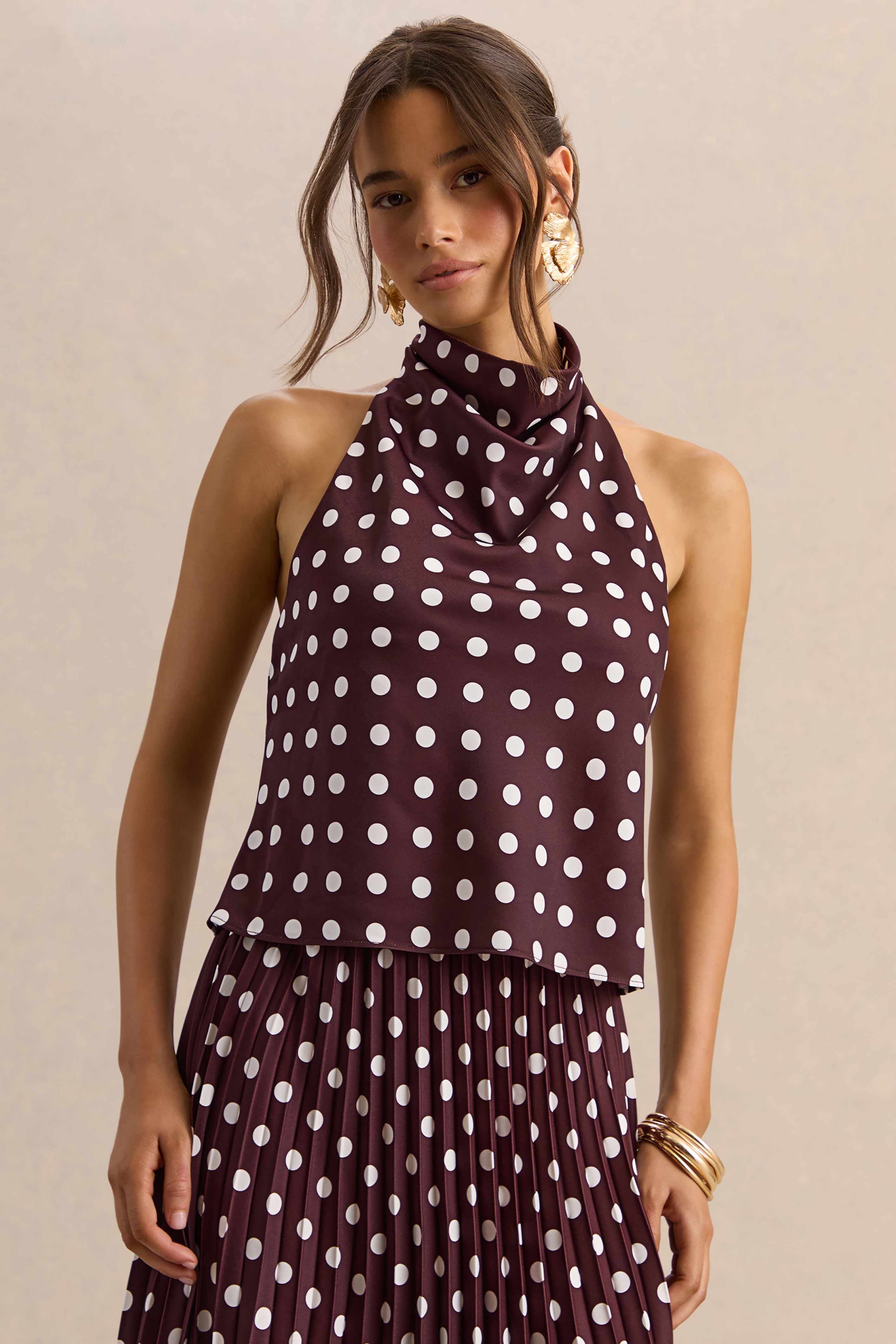 Lirona | Brown Polka-Dot Satin High-Neck Top – Club L London - USA