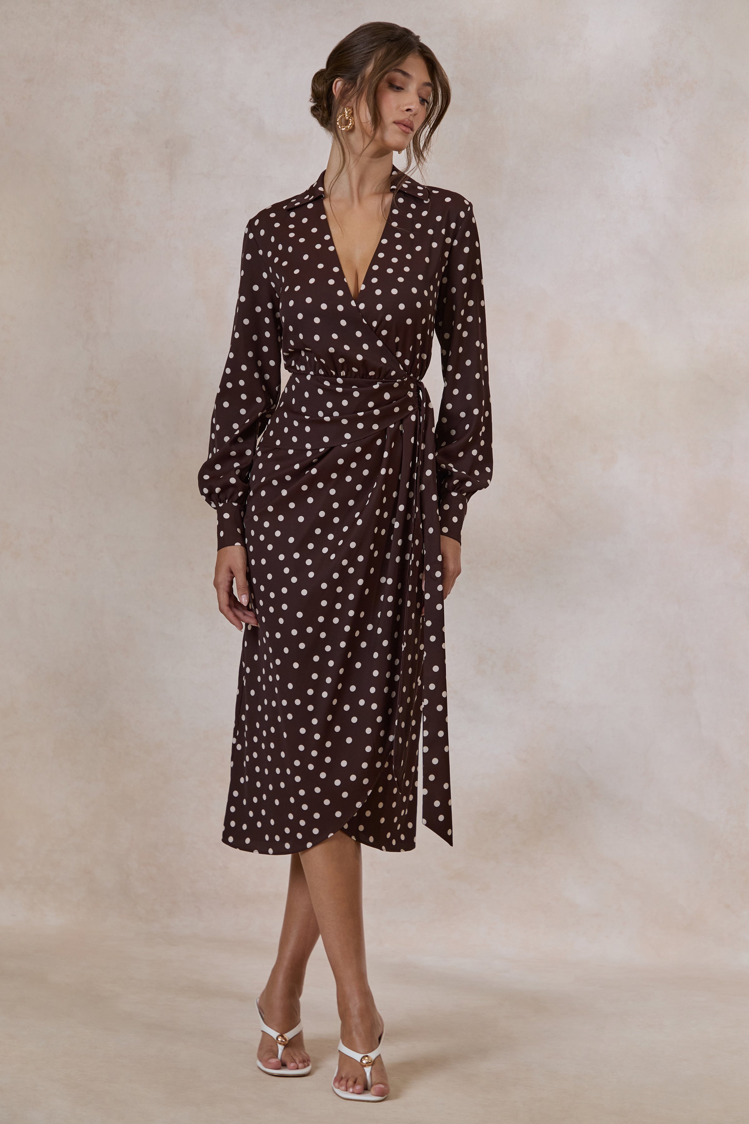Amarosia | Brown Polka-Dot Wrap Shirt Midi-Dress