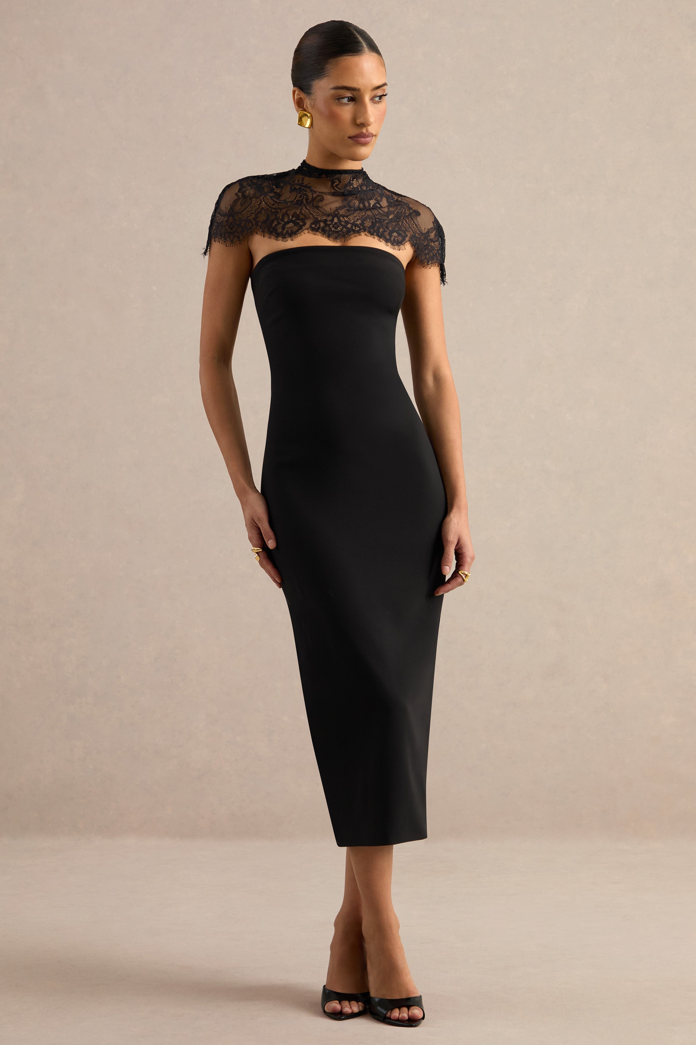Navoria | Black Lace High-Neck Midi Dress – Club L London