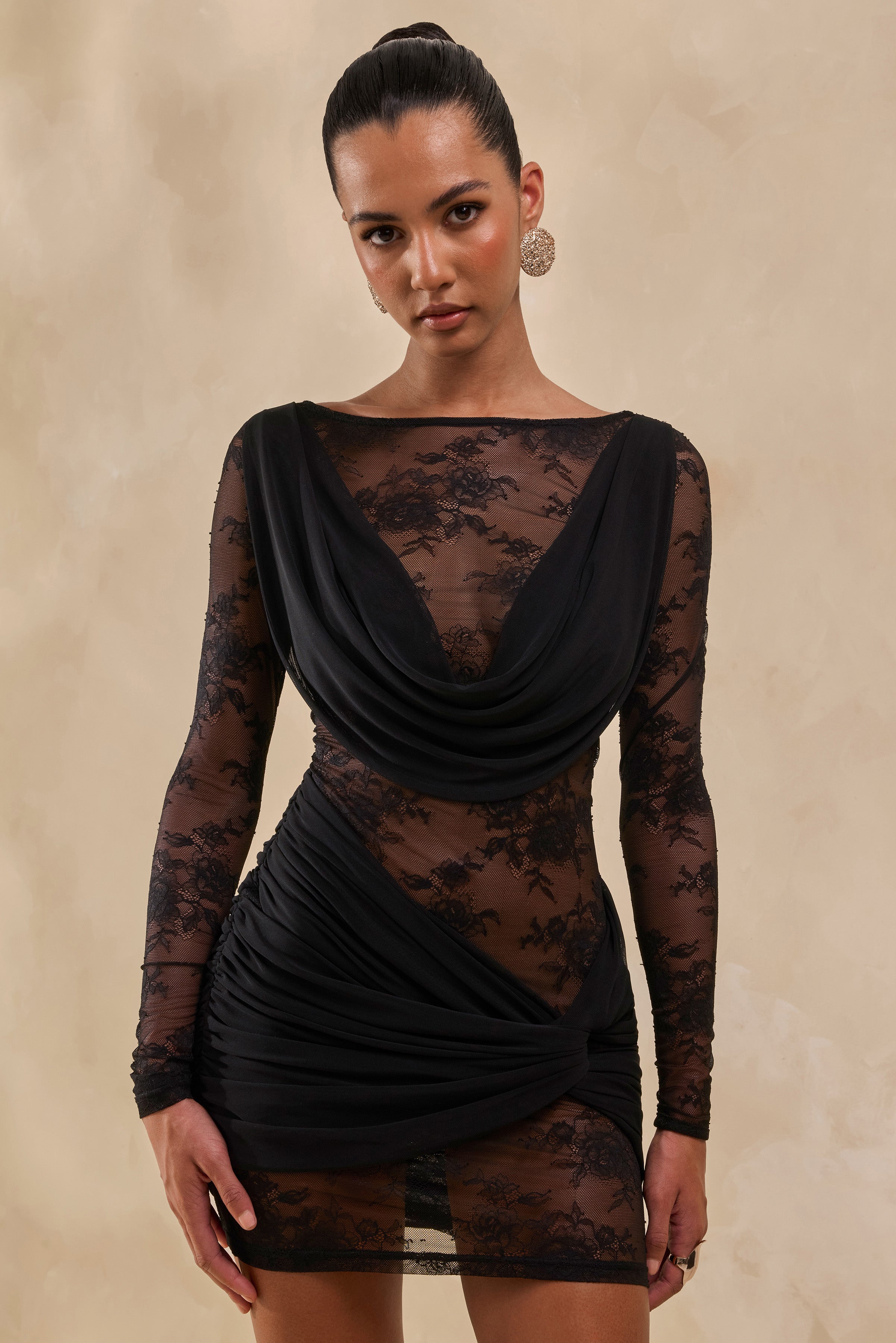Olaria | Black Lace Bardot-Neck Mini Dress With Gathered-Detailing – Club L London