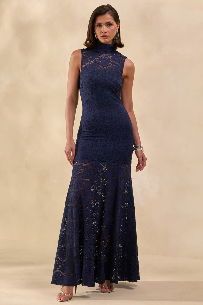 Esalyn Navy Lace High-Neck Maxi Dress With Sheer-Skirt  Club L London - USA