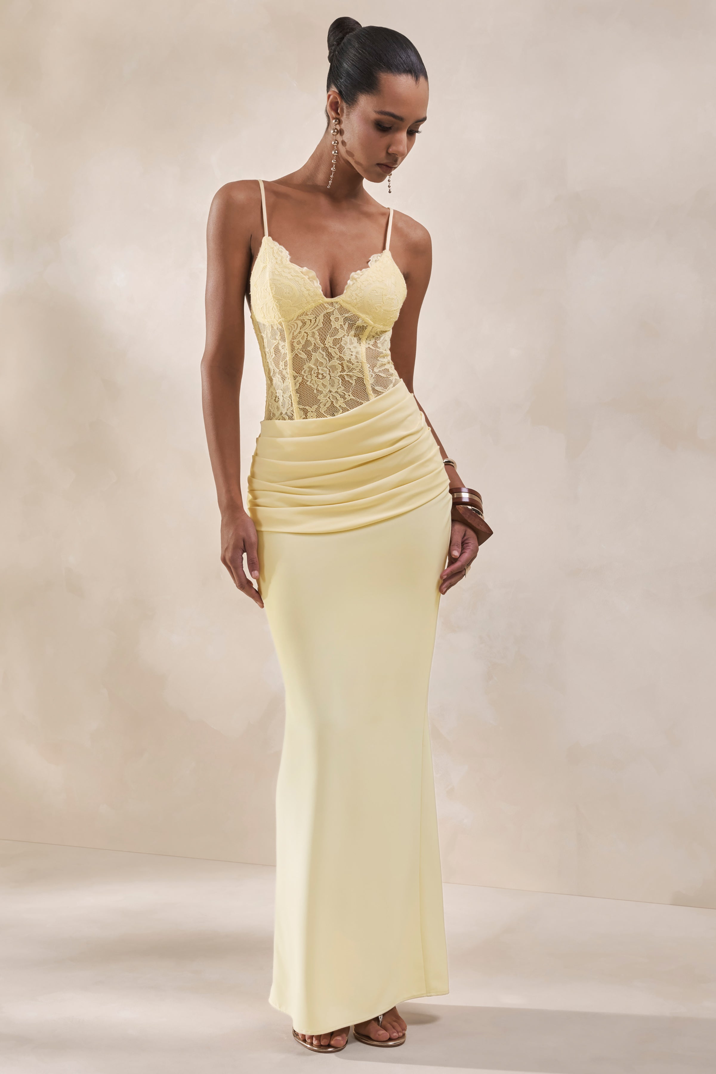 Vionne | Lemon Satin Maxi Skirt With Draped-Detailing – Club L