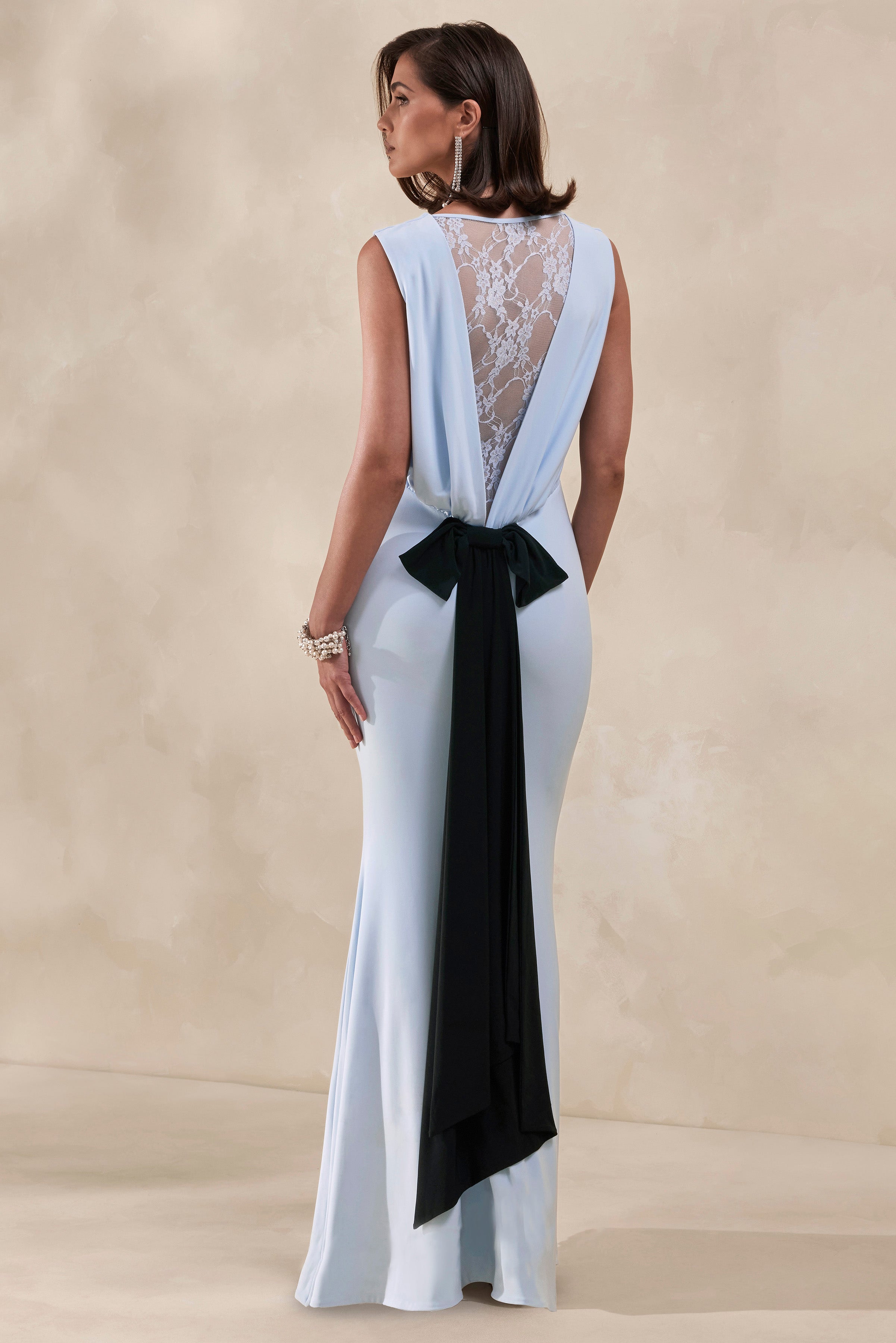 2016 maxi dresses Elladine | Powder BLUE Round-Neck Maxi Dress With Lace-Back And Bow-Detail
