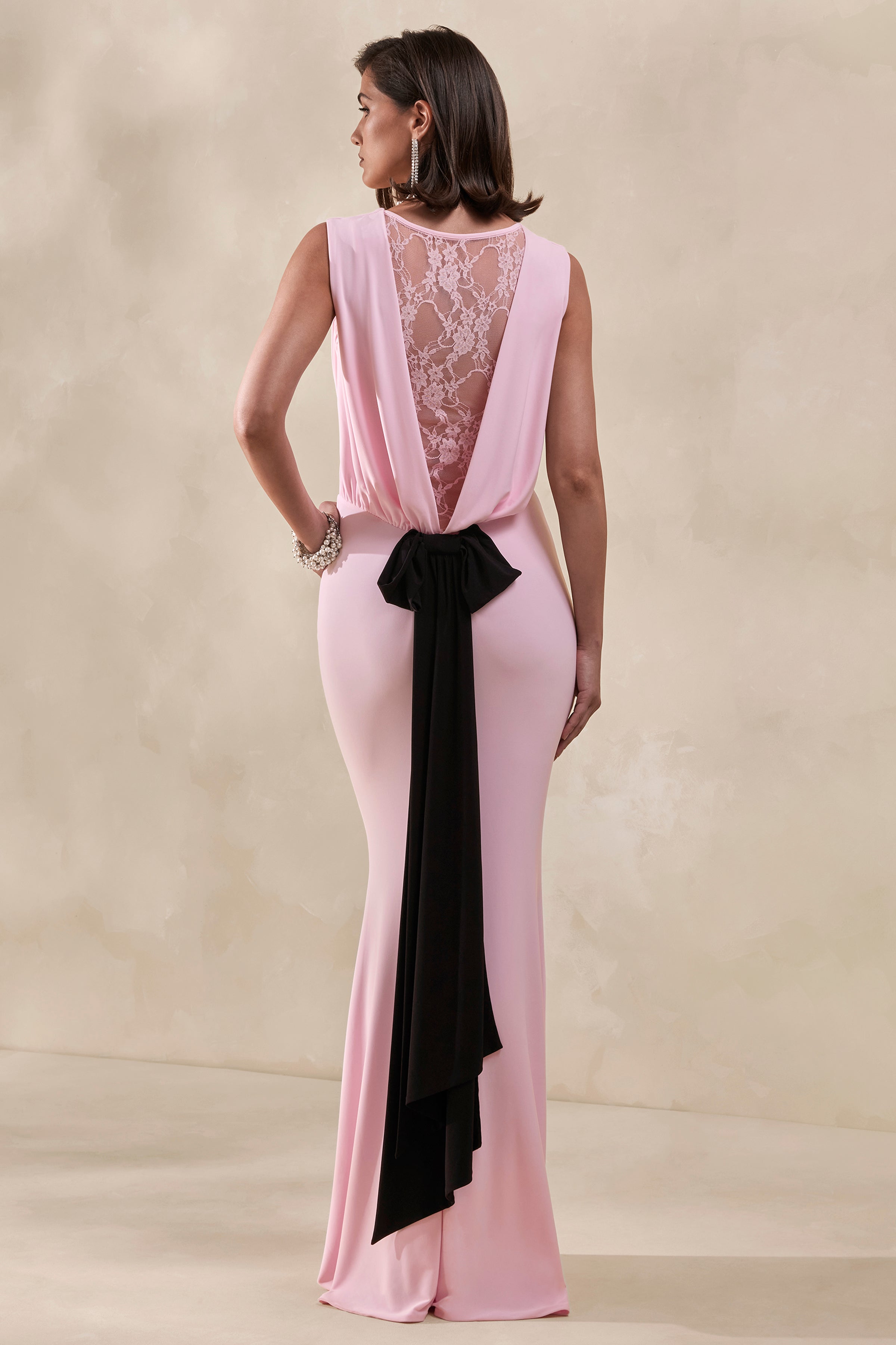 pink lace dress with black bow Bardot Bow Detail Lace A Line Dress Pink